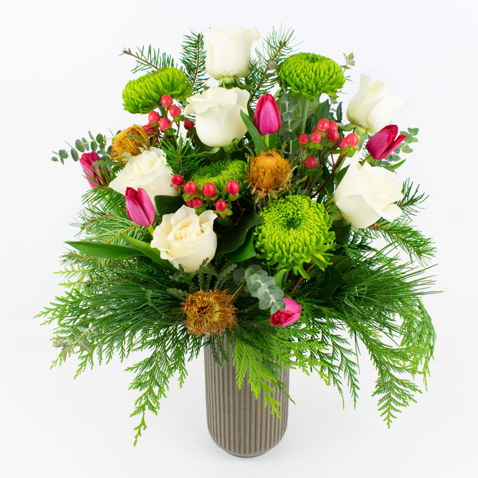 CHRISTMAS FLOWER VASE WITH TULIPS, ROSES AND CHRYSANTHEMUMS 

Fun and festive. This
