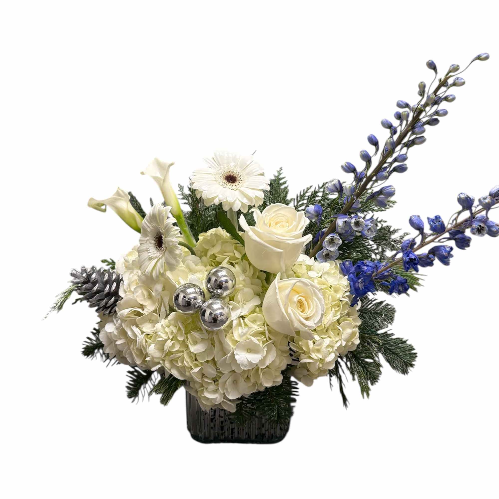 Faced arrangement in a silver cube inspired by winter&rsquo;s cool blue and