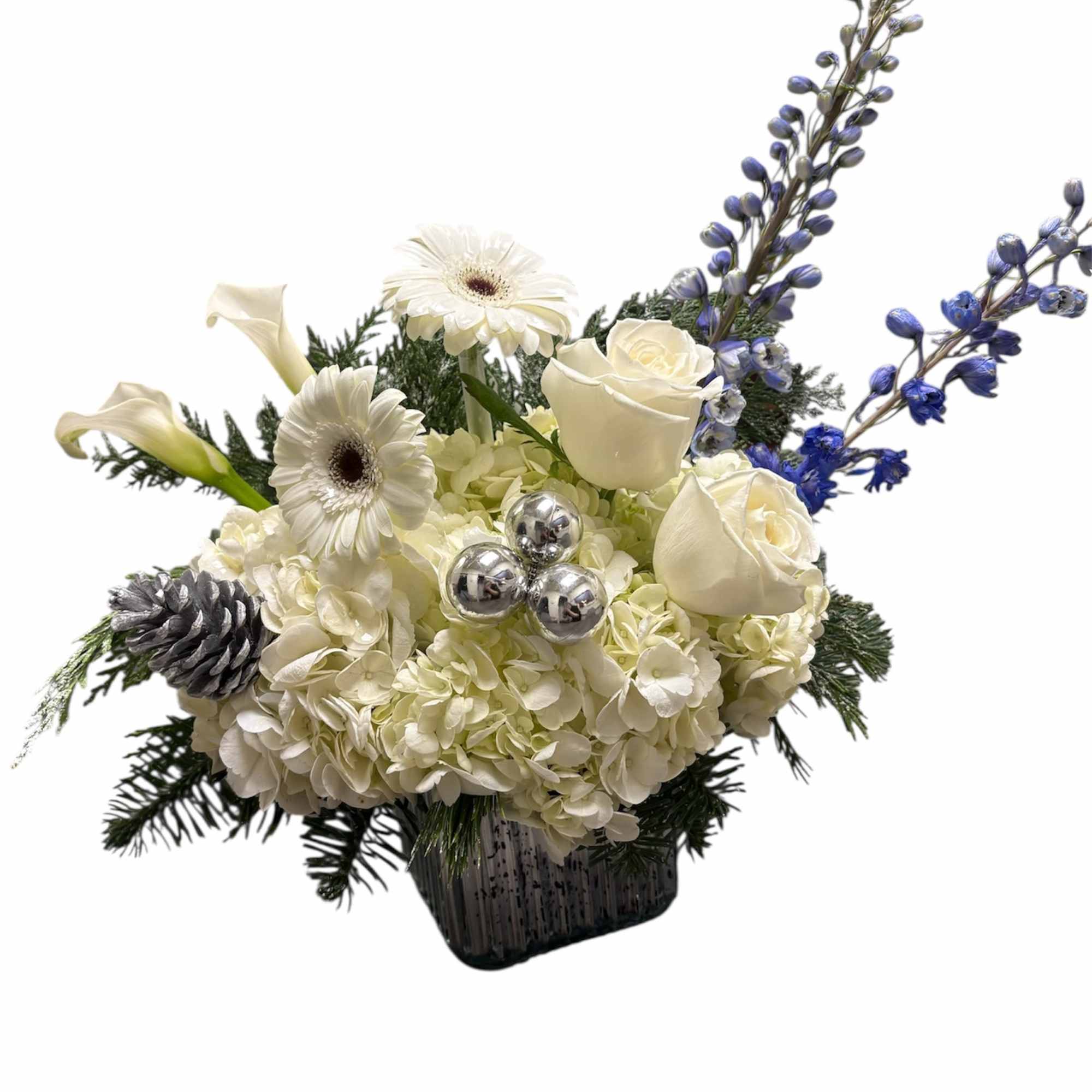 Faced arrangement in a silver cube inspired by winter&rsquo;s cool blue and