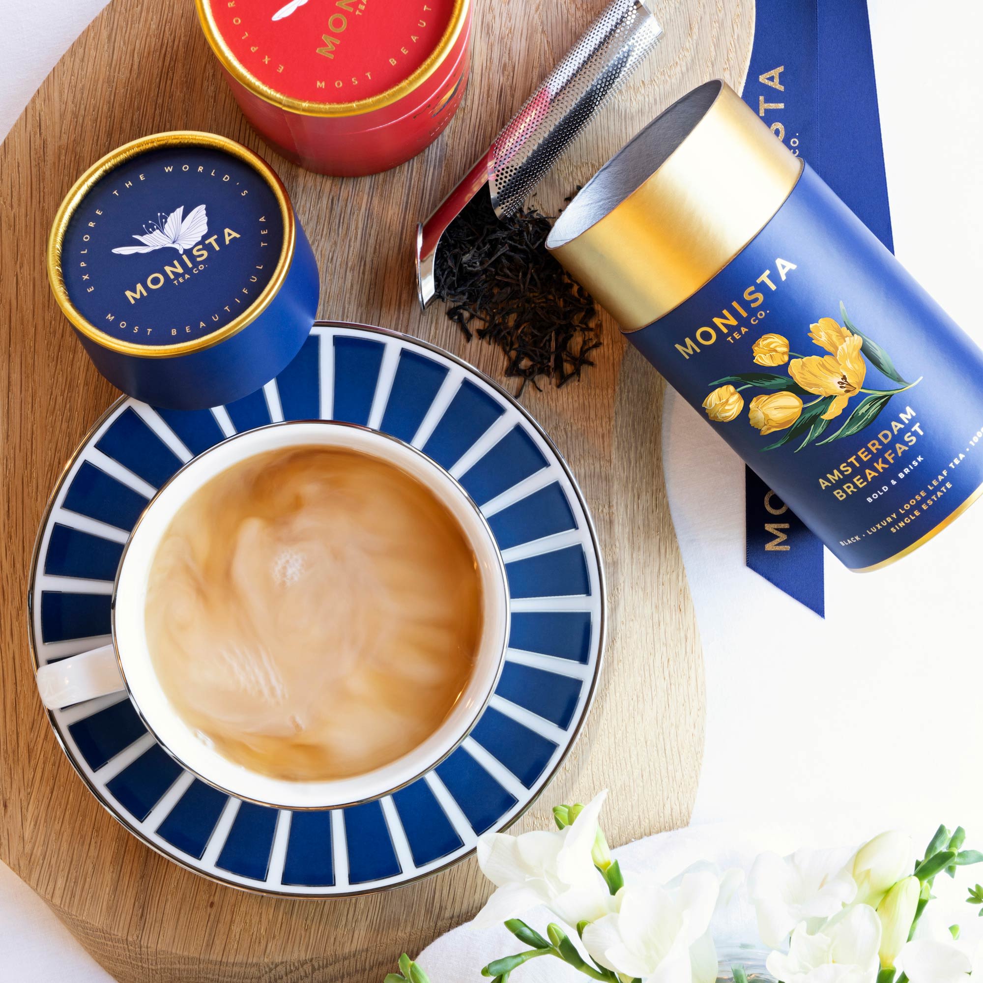 A beautifully designed canister of Monista&rsquo;s Amsterdam Breakfast Tea is sourced from