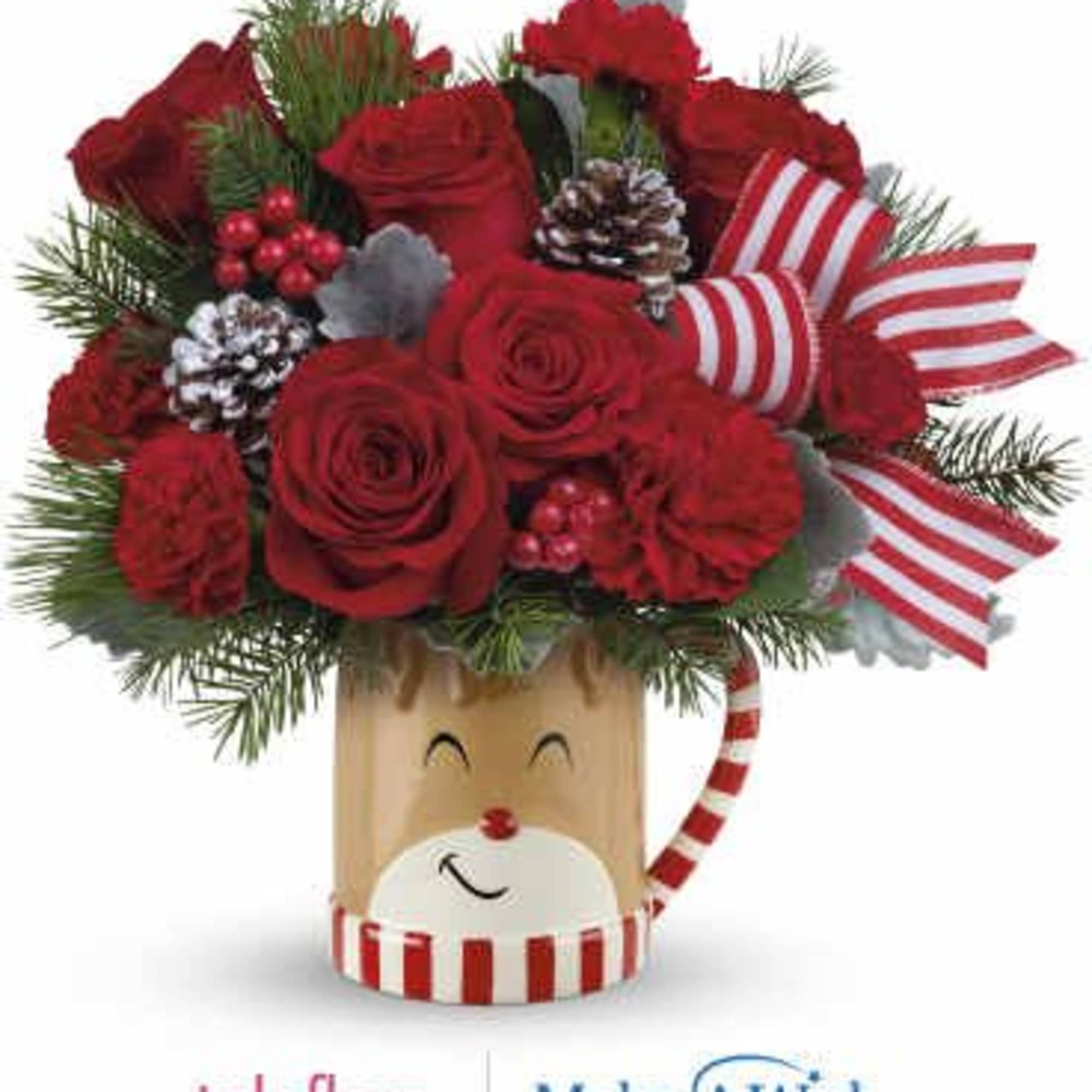 Overflowing with festive blooms, this adorable reindeer delivers your holiday wishes! The