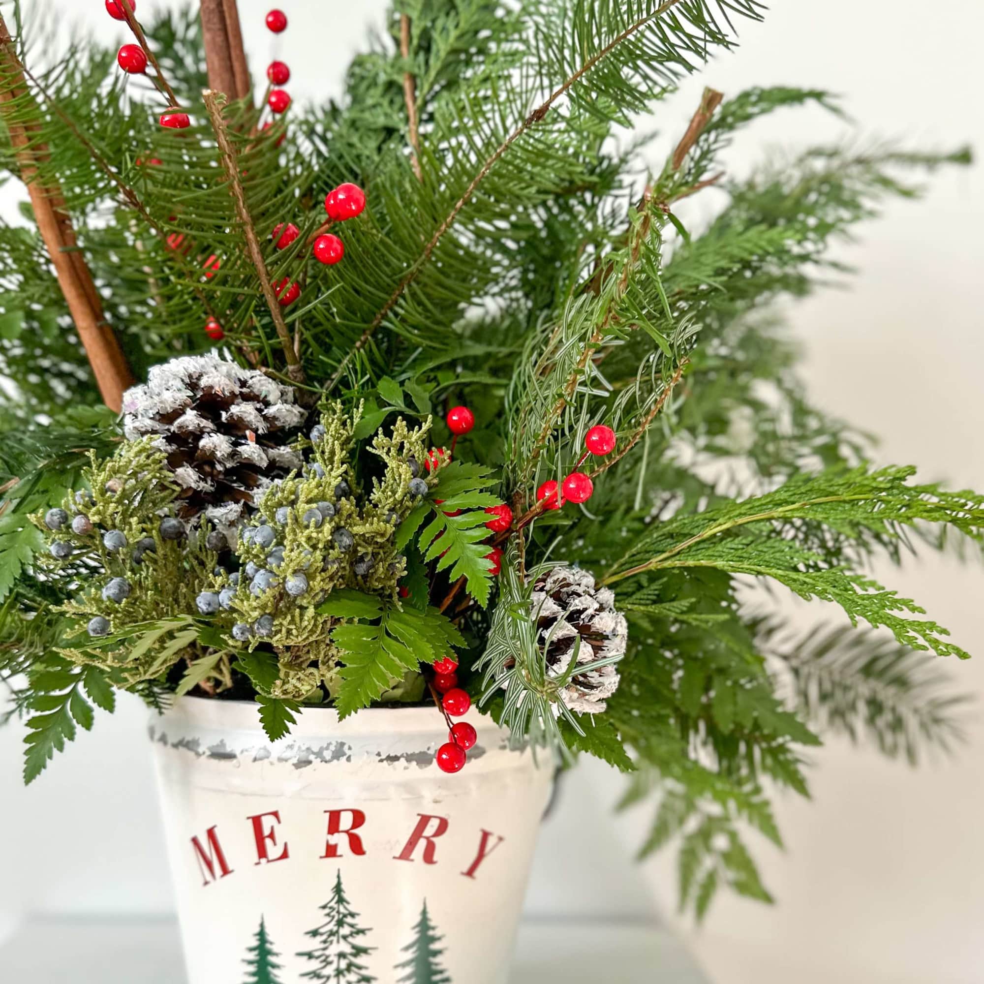 This Christmas bucket is full of fresh greens and will last all