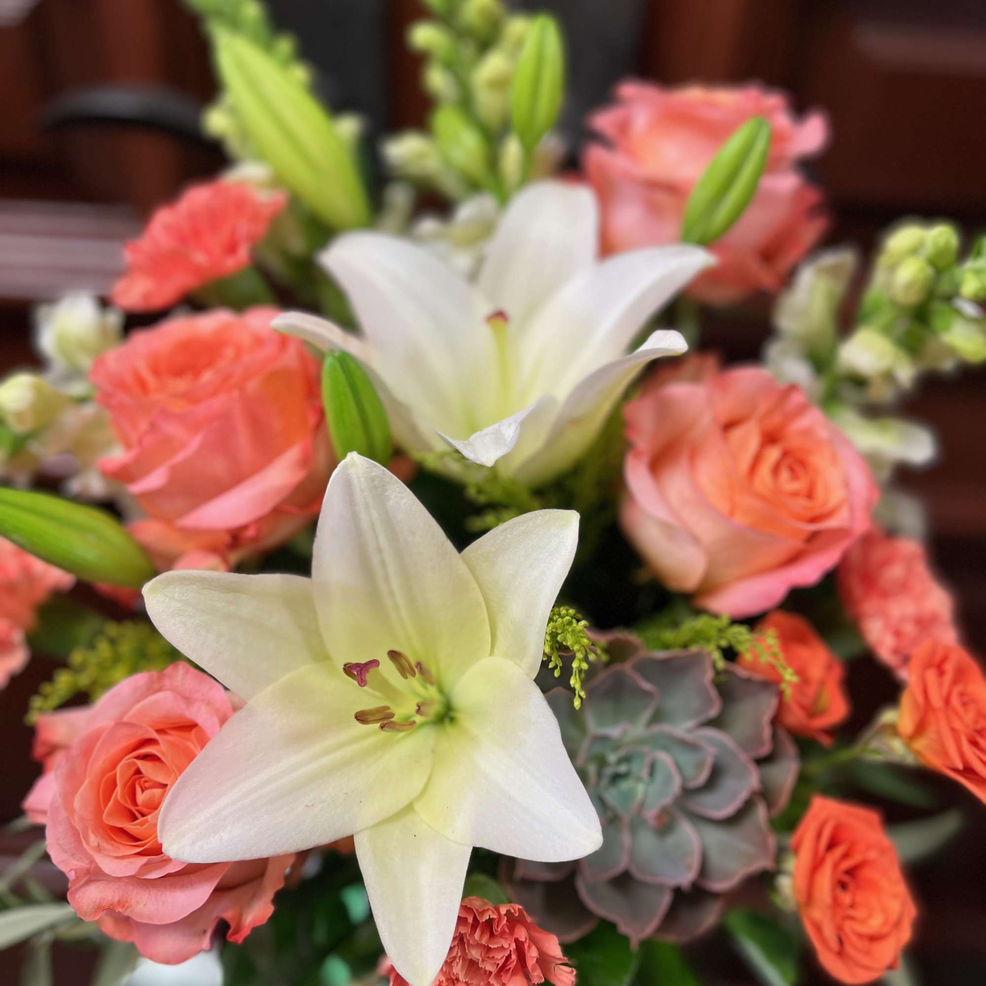 Recipe: Casablanca Lilies, Mini Peach Carnations, Peach Roses, Snapdragons, Orange Spray Roses