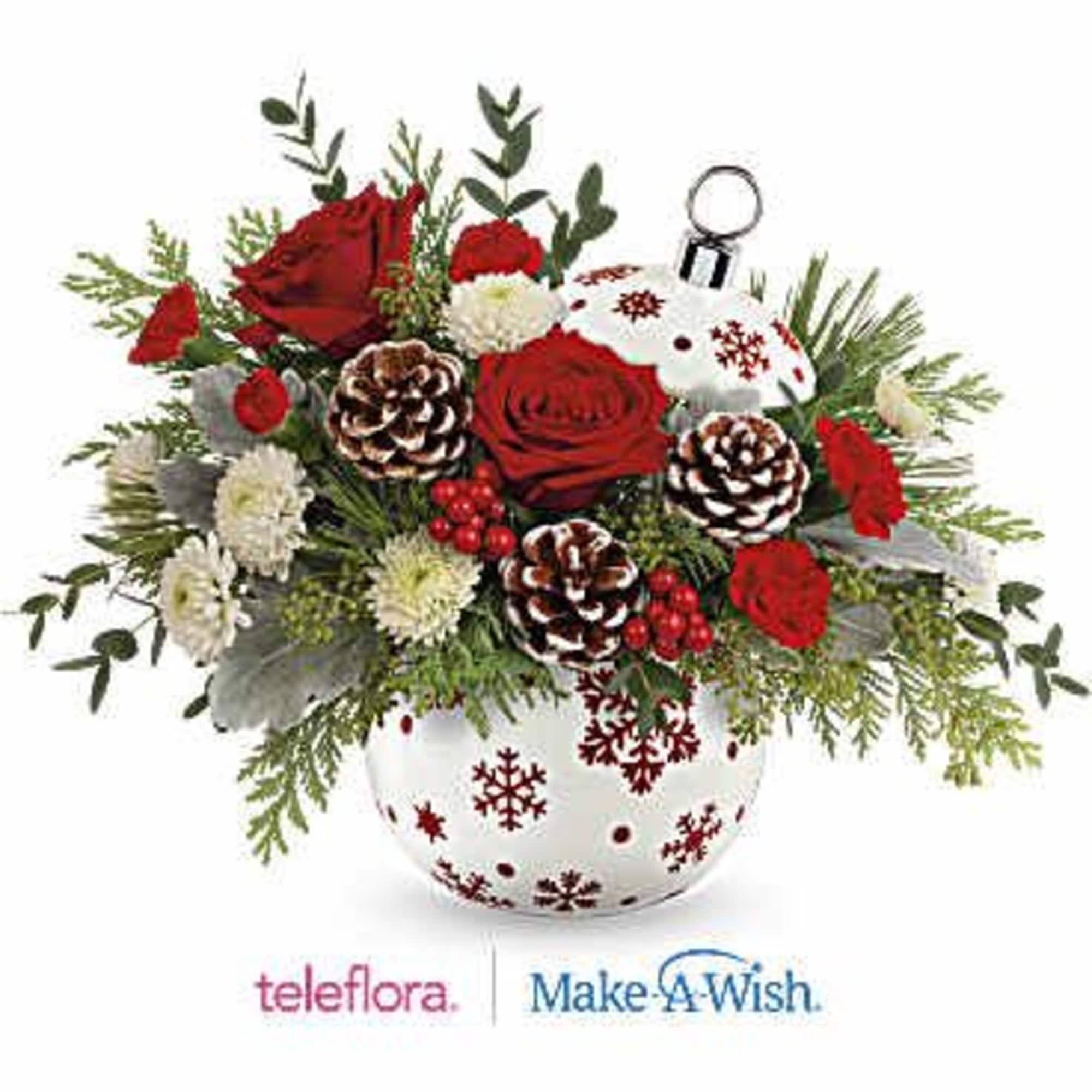 Sprinkle Sparkle Bouquet features red roses, miniature red carnations, and white button