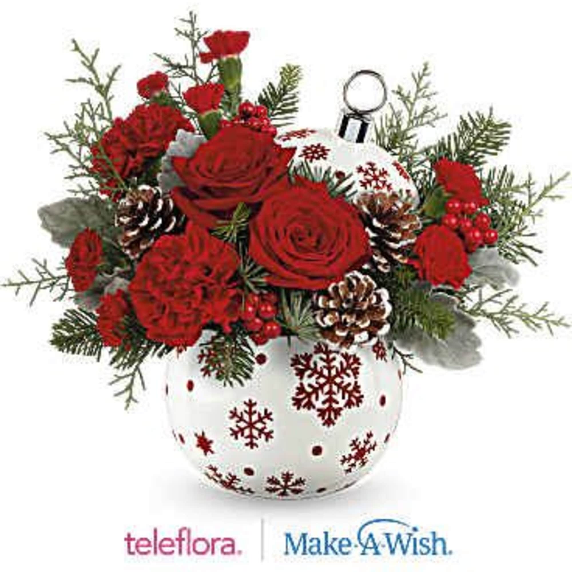 Celebrate the holidays with this festive bouquet featuring red roses, red carnations