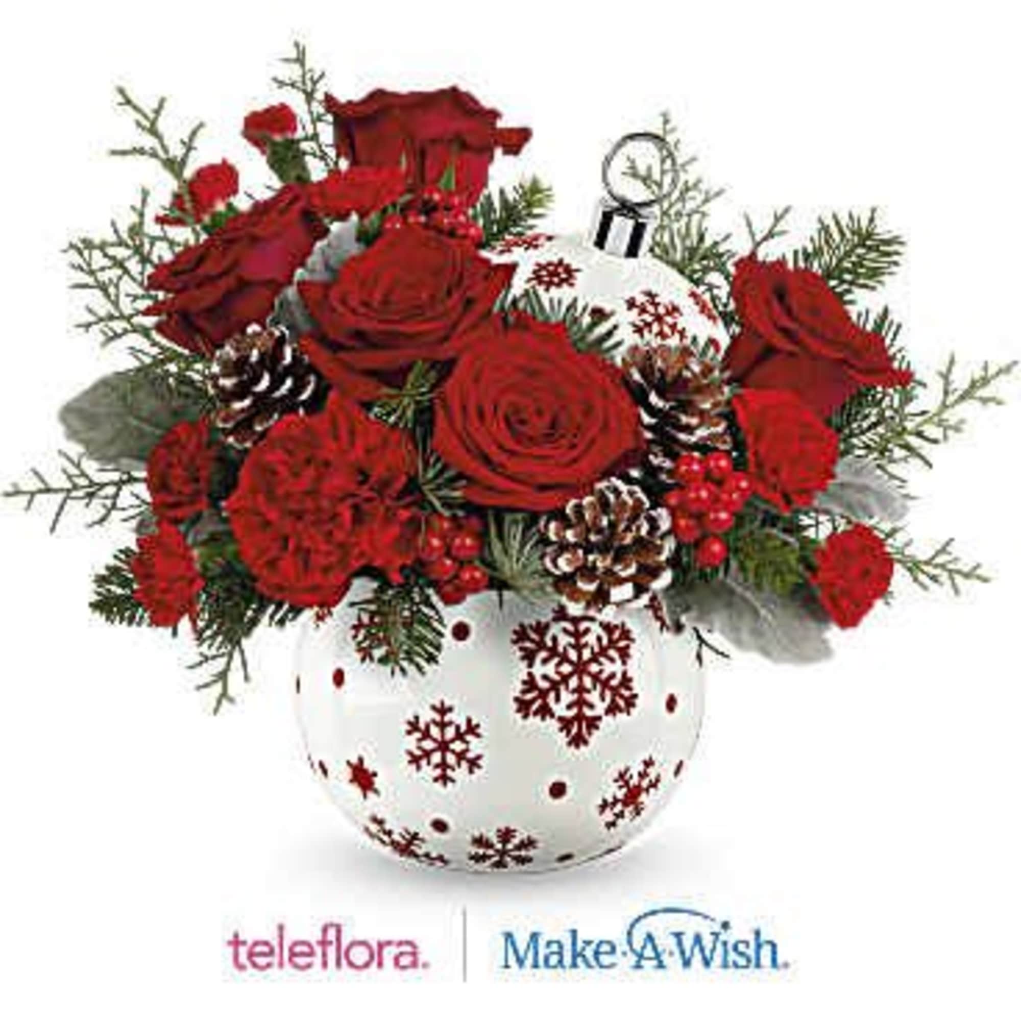 Celebrate the holidays with this festive bouquet featuring red roses, red carnations