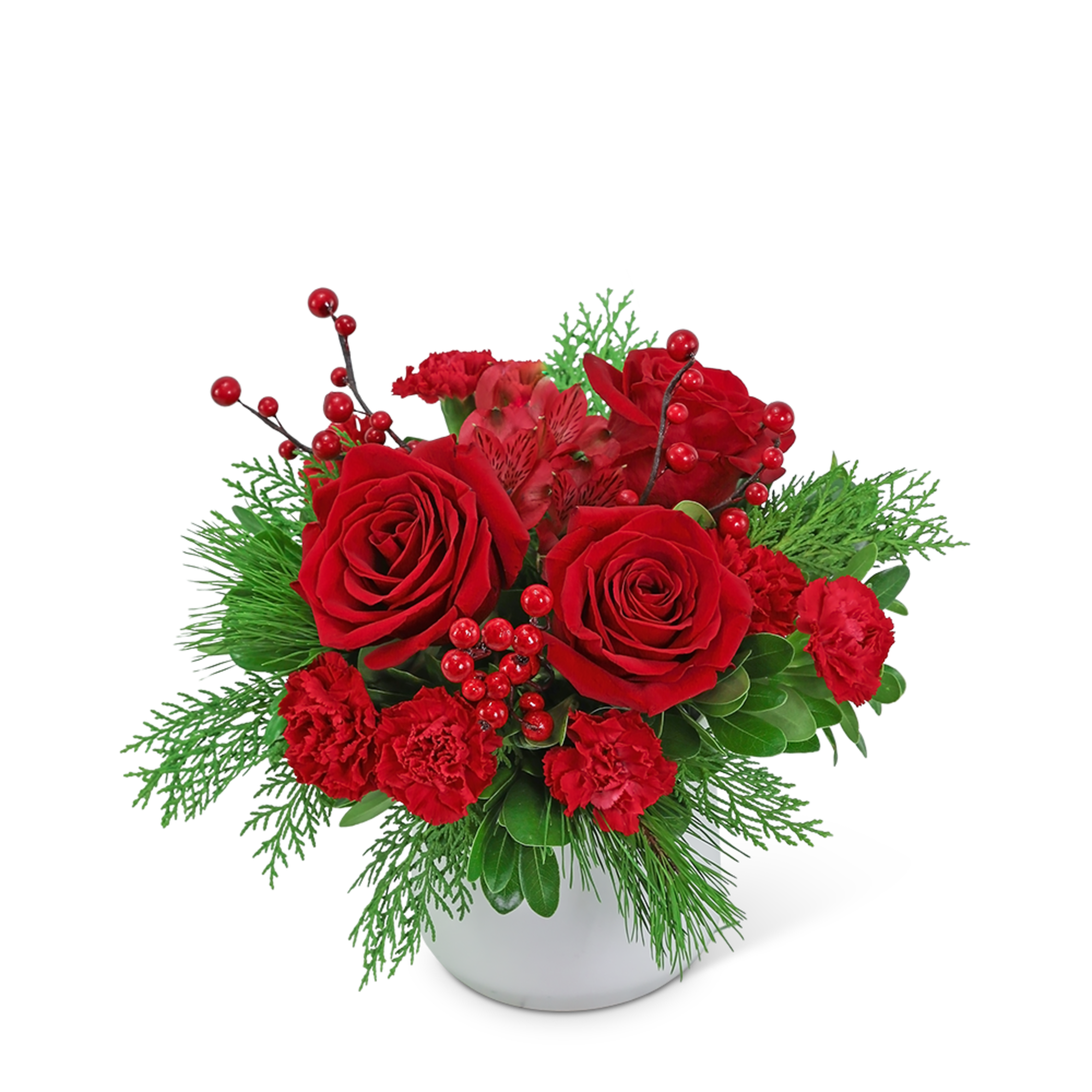 A classic holiday bouquet of flowers, Berry and Bright is a beautiful