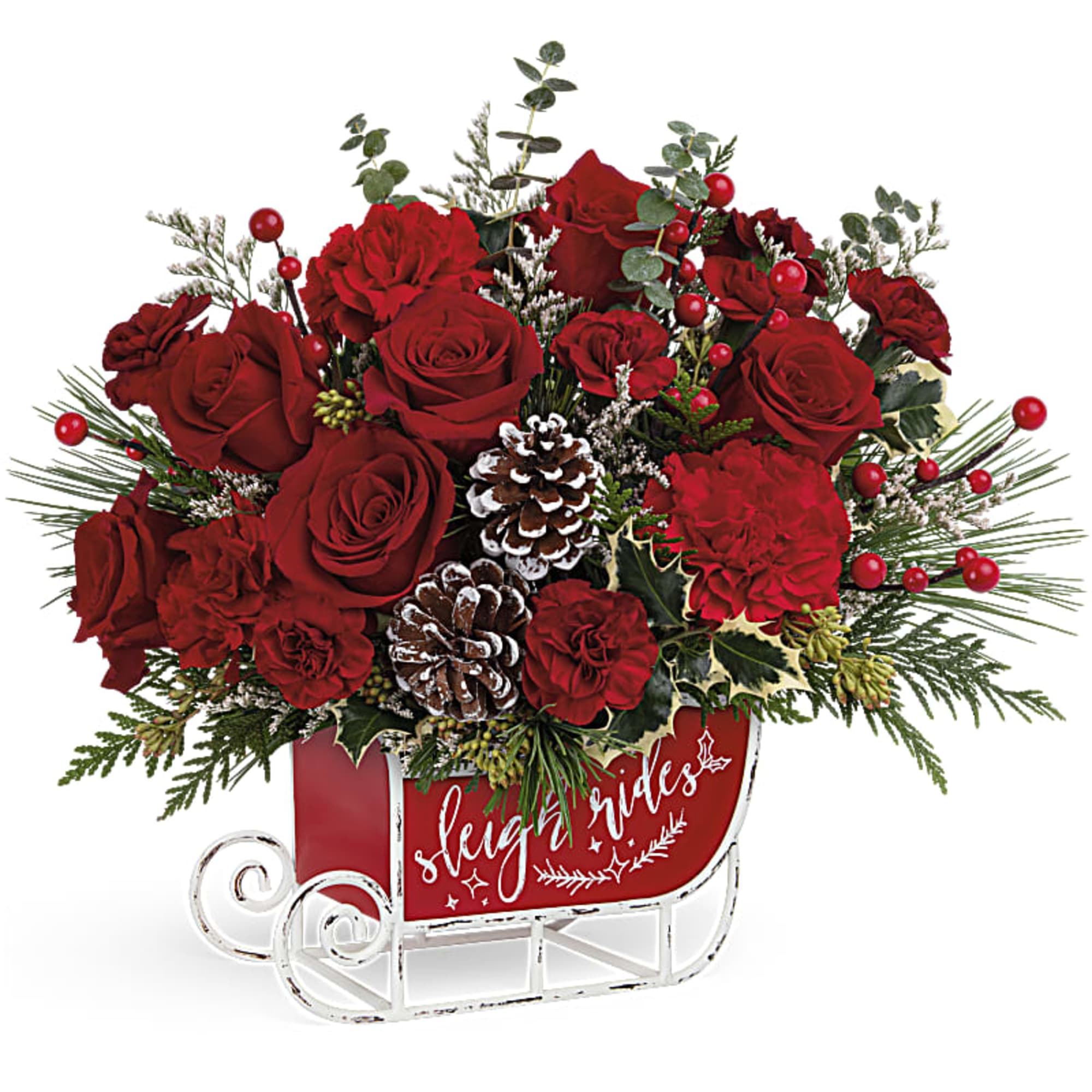 Dashing through the snow in a flower-filled open sleigh! Fun and festive