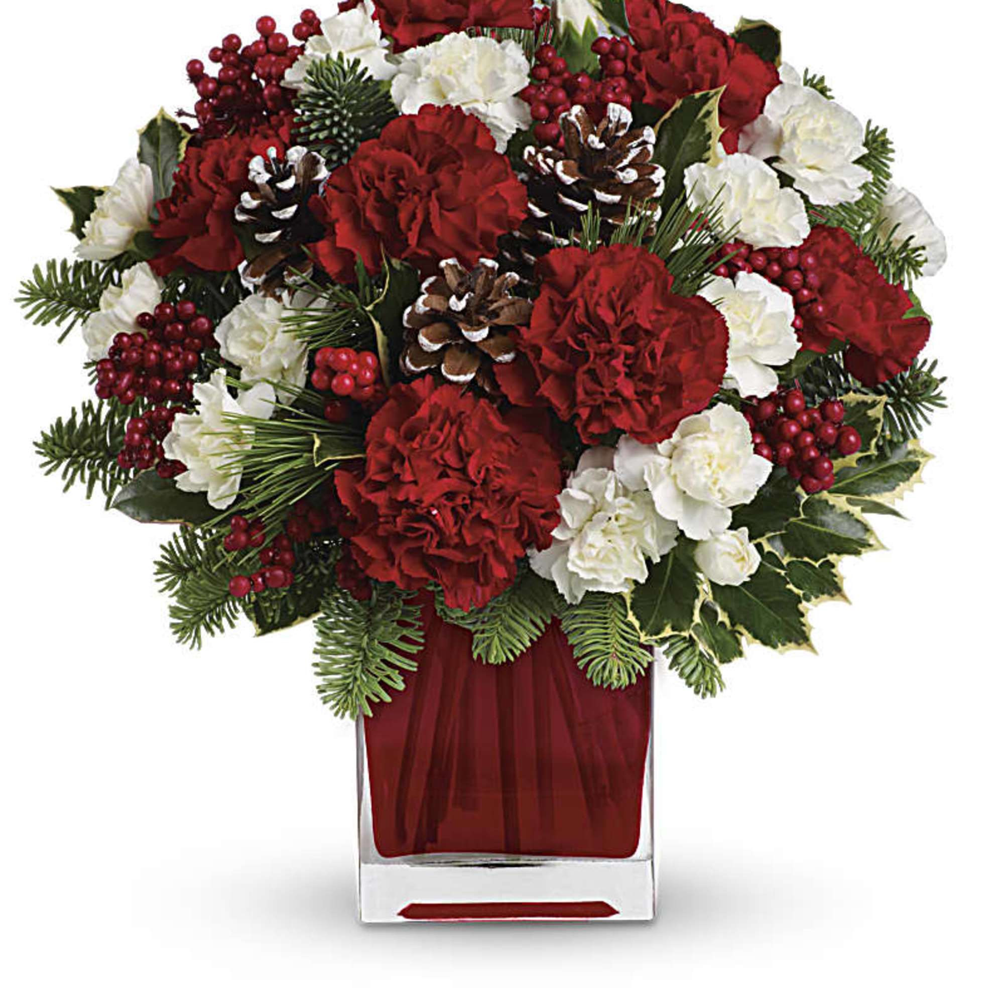 Make them merry with this sweet bouquet! Red carnations and white carnations