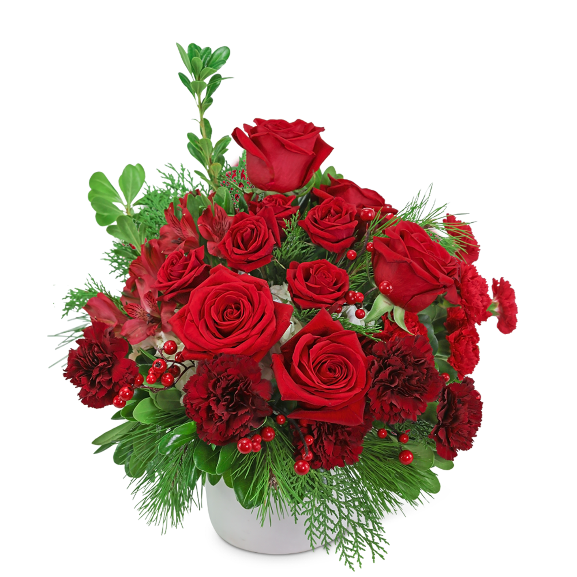 A classic holiday bouquet of flowers, Fireside Frasier and Berries is a