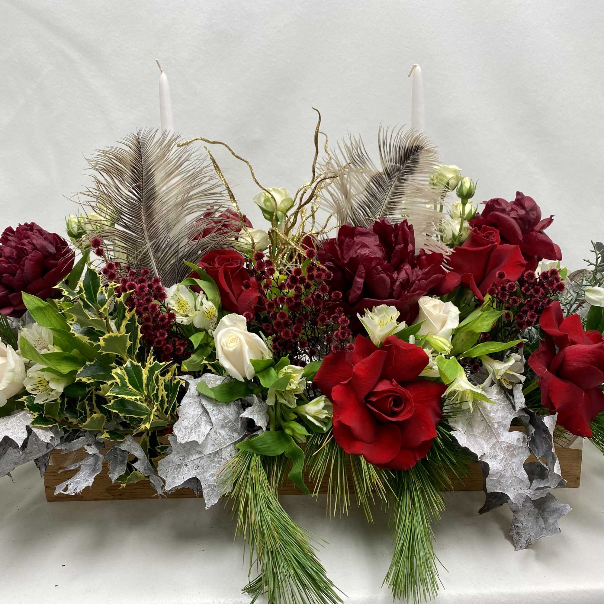 Long 24&rdquo; wooden box with peonies, roses, spray roses, alstroemerias etc. holiday