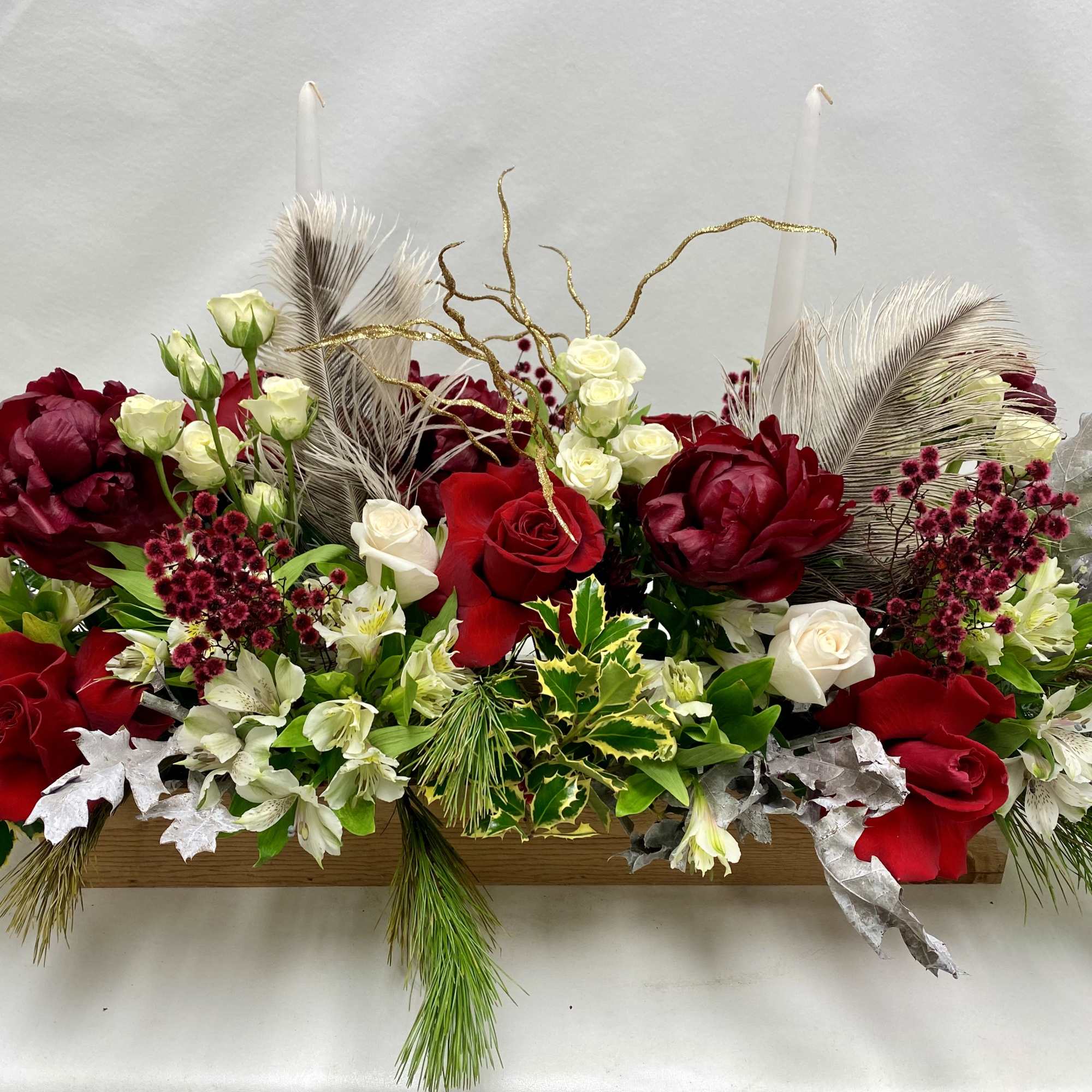 Long 24&rdquo; wooden box with peonies, roses, spray roses, alstroemerias etc. holiday