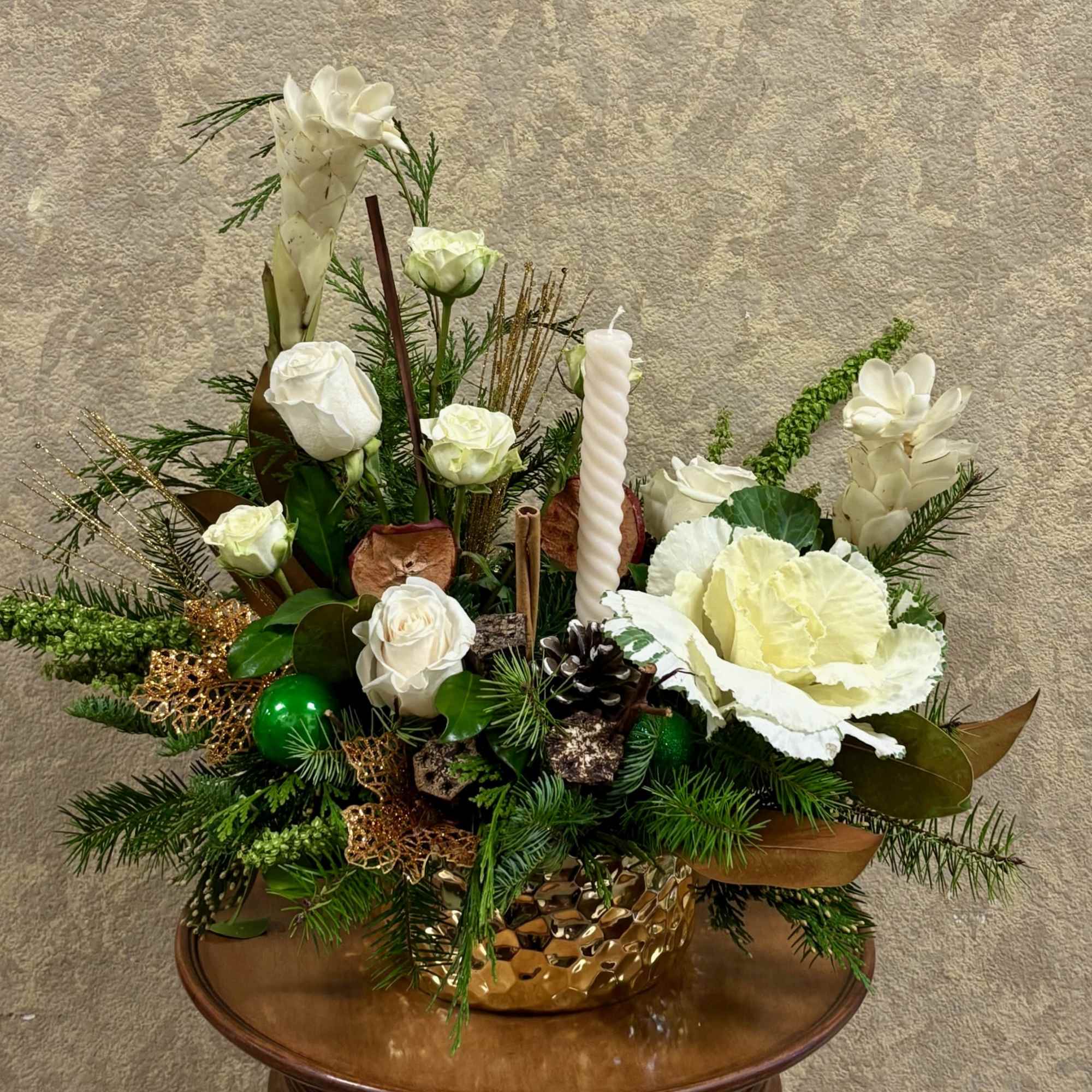 Recipe: White Roses, White Protea, White Spray Roses, Kale, Ginger, Green Amatharthus