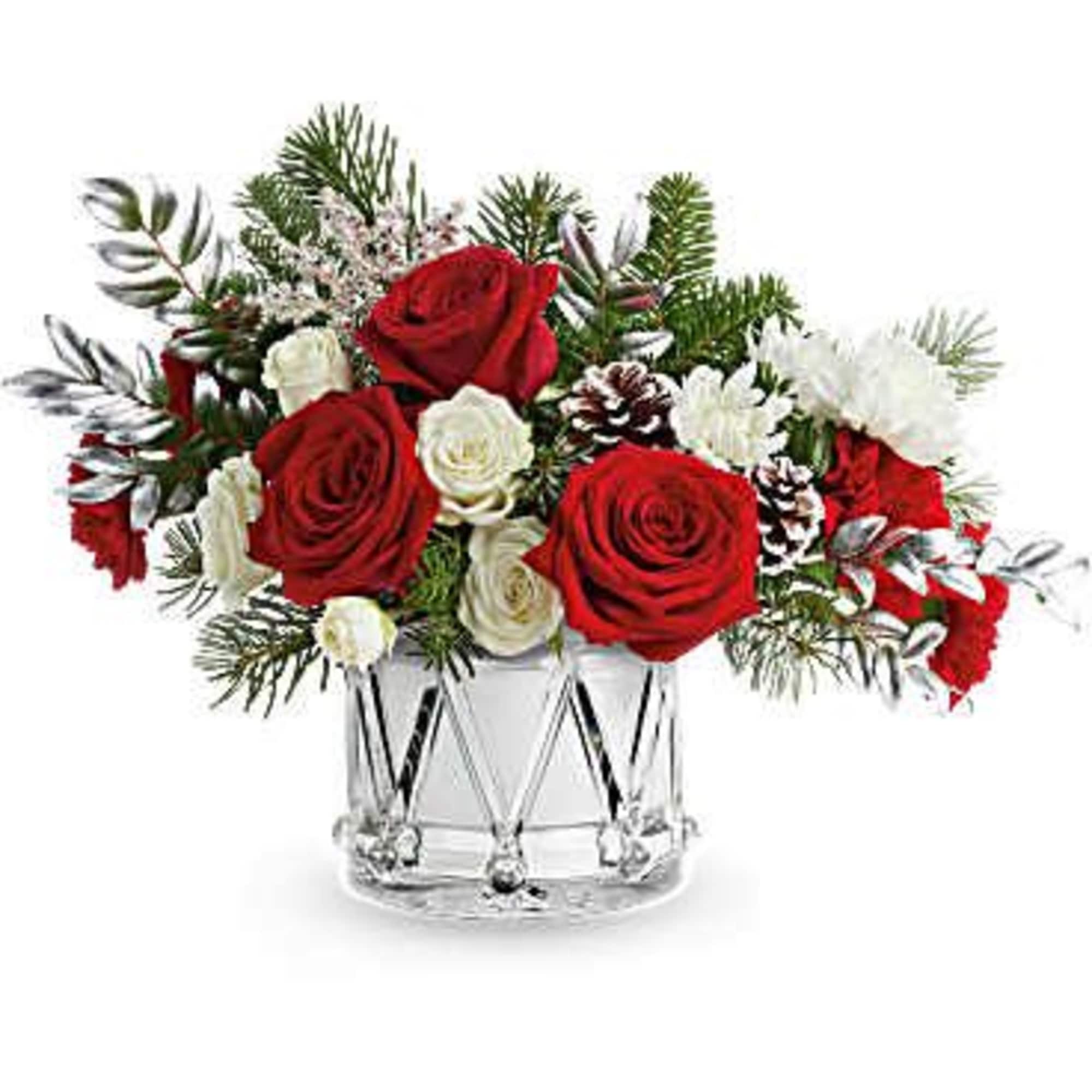 Silver Wishes Bouquet shimmers with holiday elegance. Red and white blooms, fresh