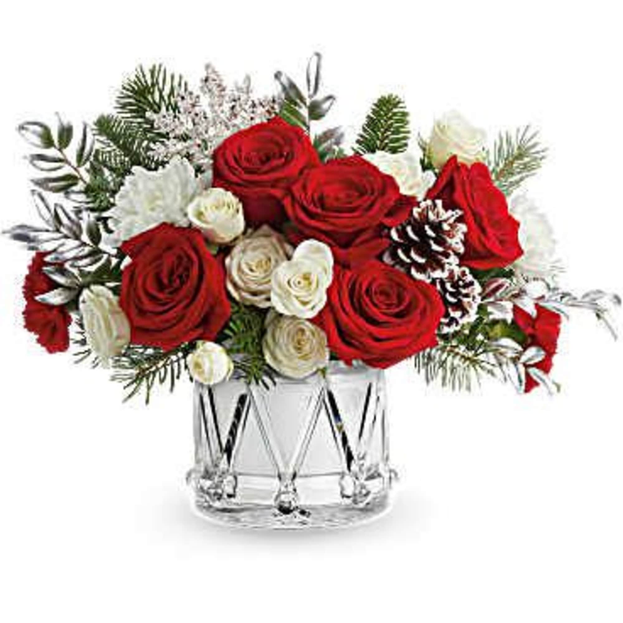Silver Wishes Bouquet shimmers with holiday elegance. Red and white blooms, fresh