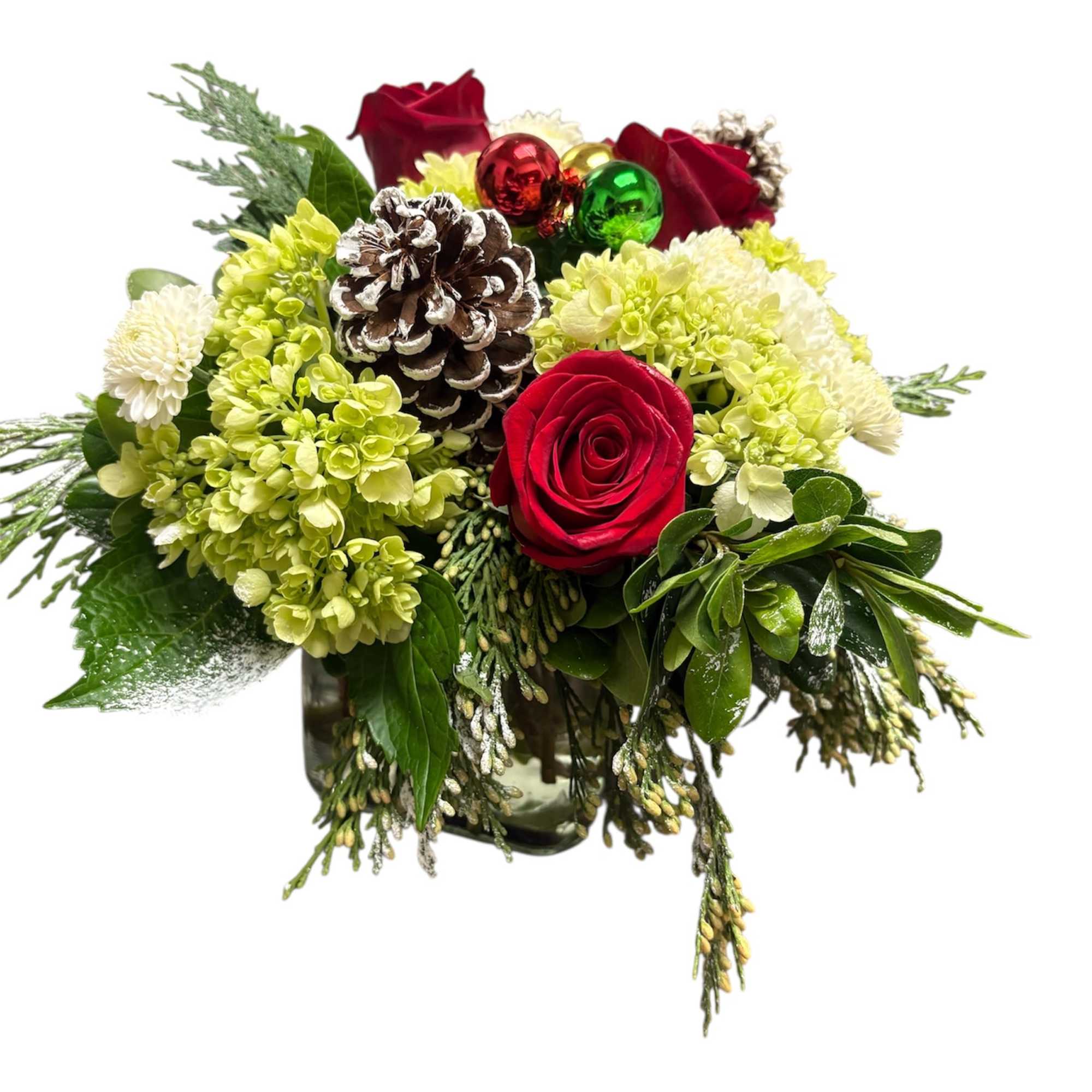 Adorable holiday centerpiece in a glass cube vase perfect for your mantle