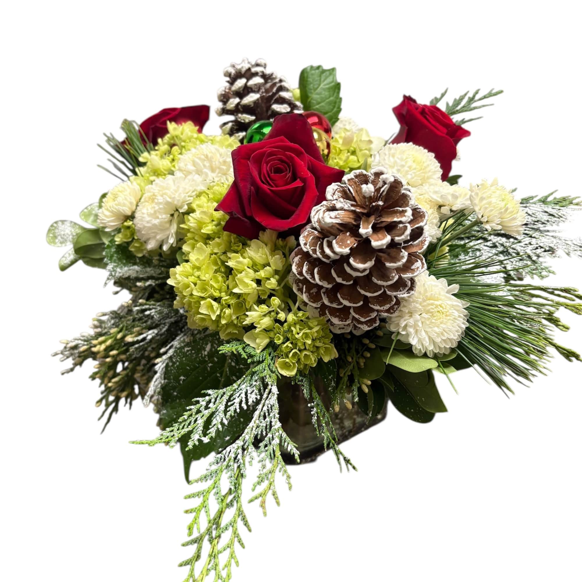 Adorable holiday centerpiece in a glass cube vase perfect for your mantle