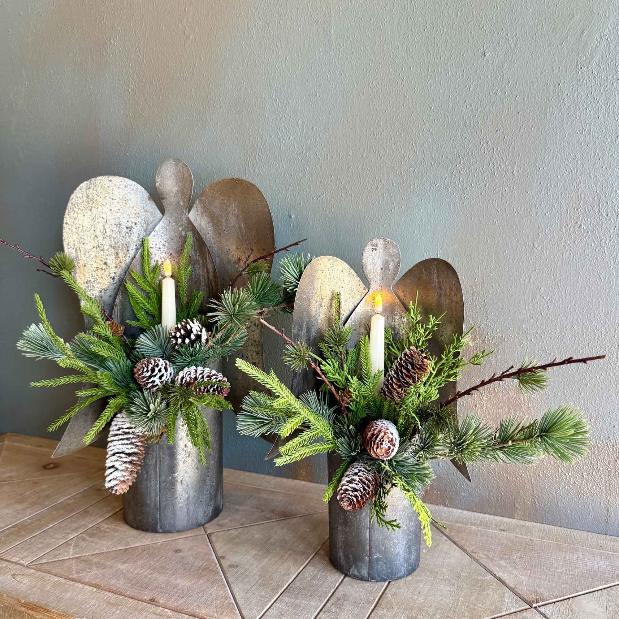 Celebrate the season with these galvanized metal angels with a combination of