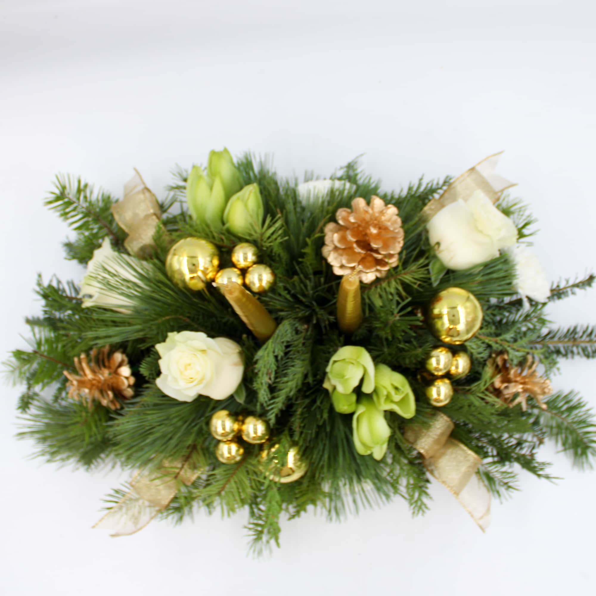 Vixen is a gold and white traditional Christmas Centerpiece with White Amaryllis