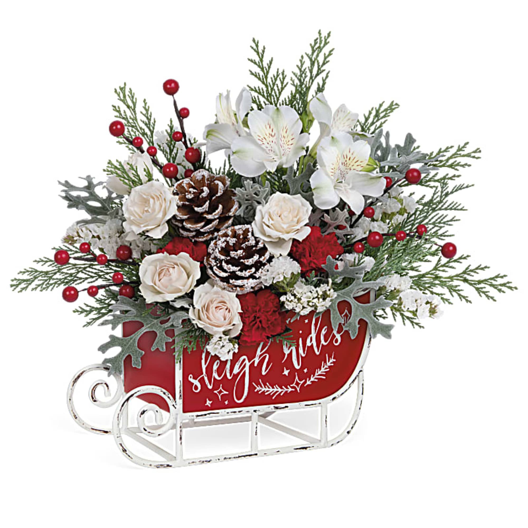 This cute Christmas bouquet of snow white roses and flocked greens becomes