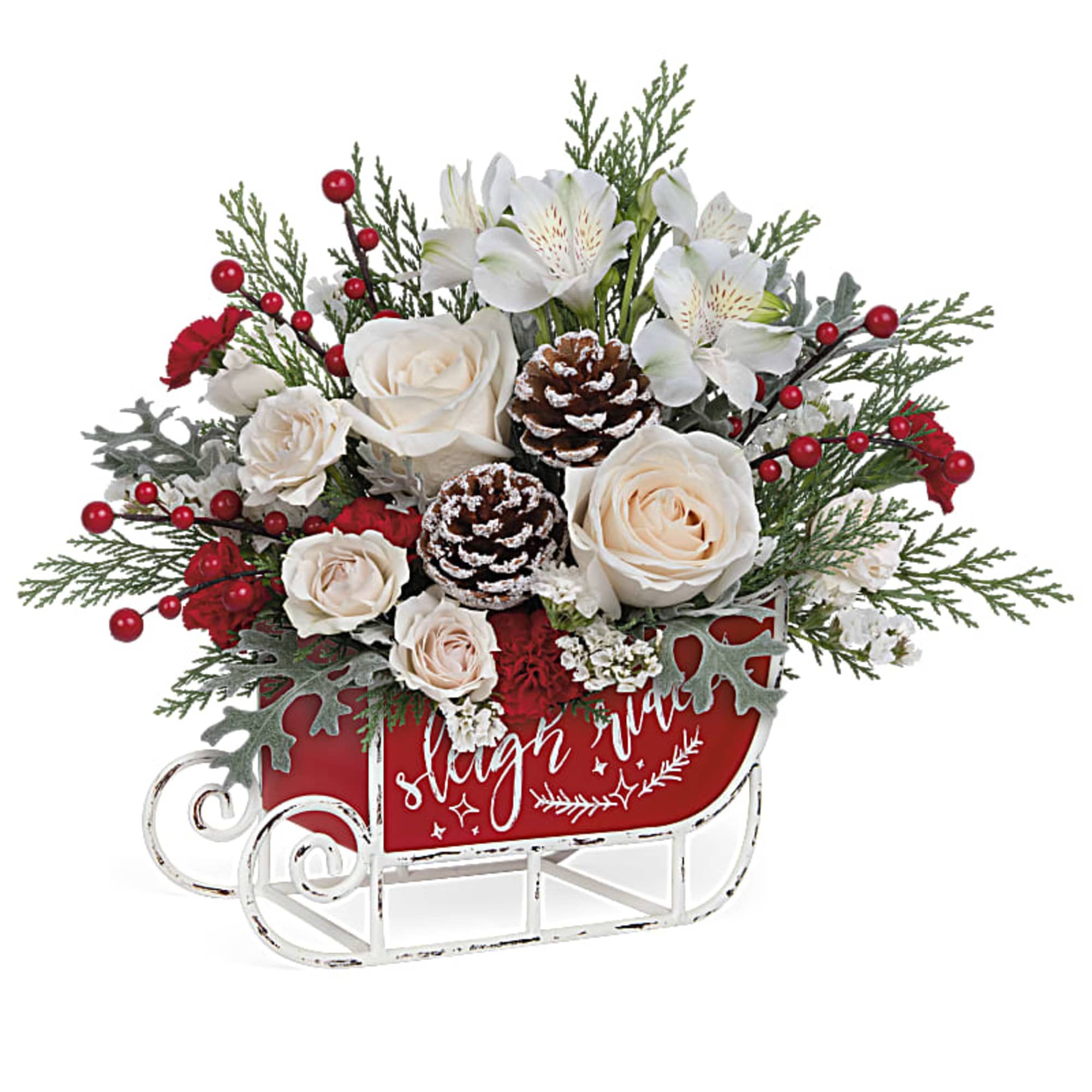 This cute Christmas bouquet of snow white roses and flocked greens becomes