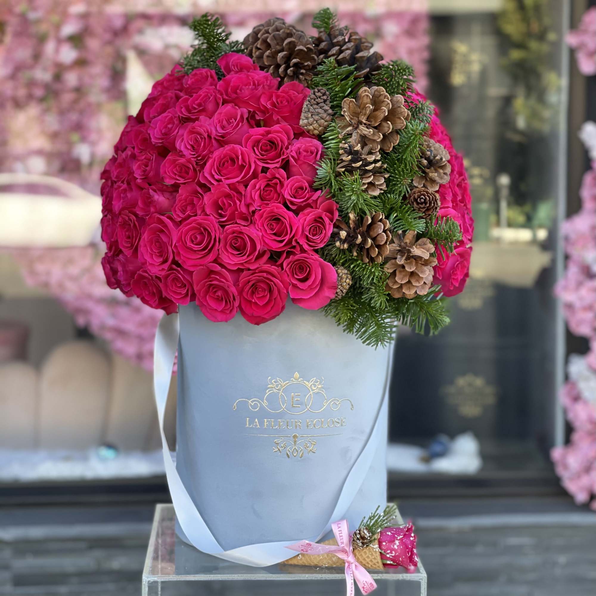 50 roses hot pink roses in our signature grey velvet box
