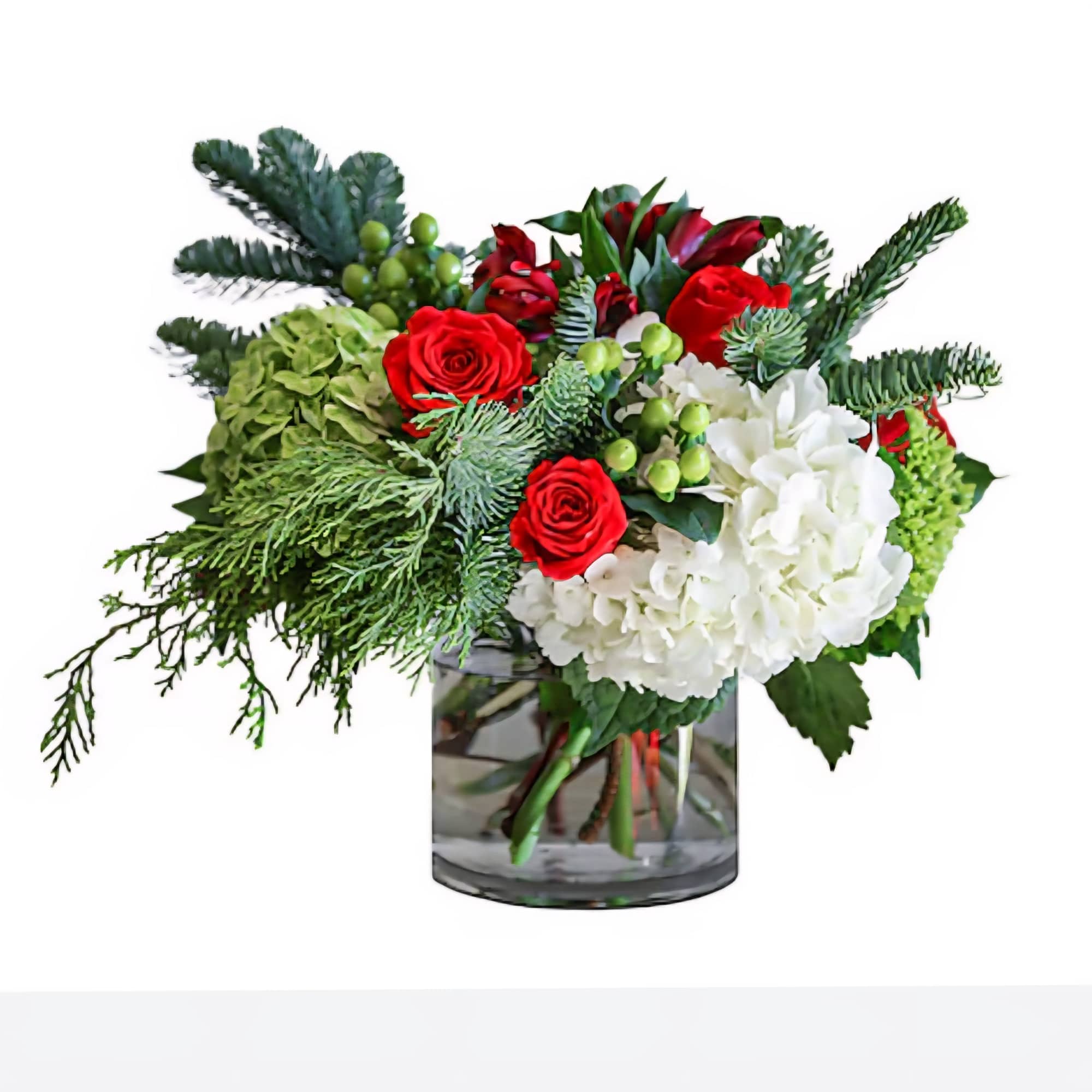 A beautiful crisp bouquet of red, white &amp; green blooms with lush