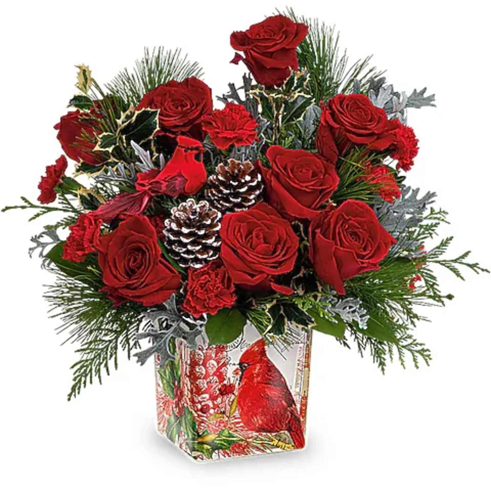 An instant Christmas classic! Artistically arranged in a vintage-inspired cube vase with