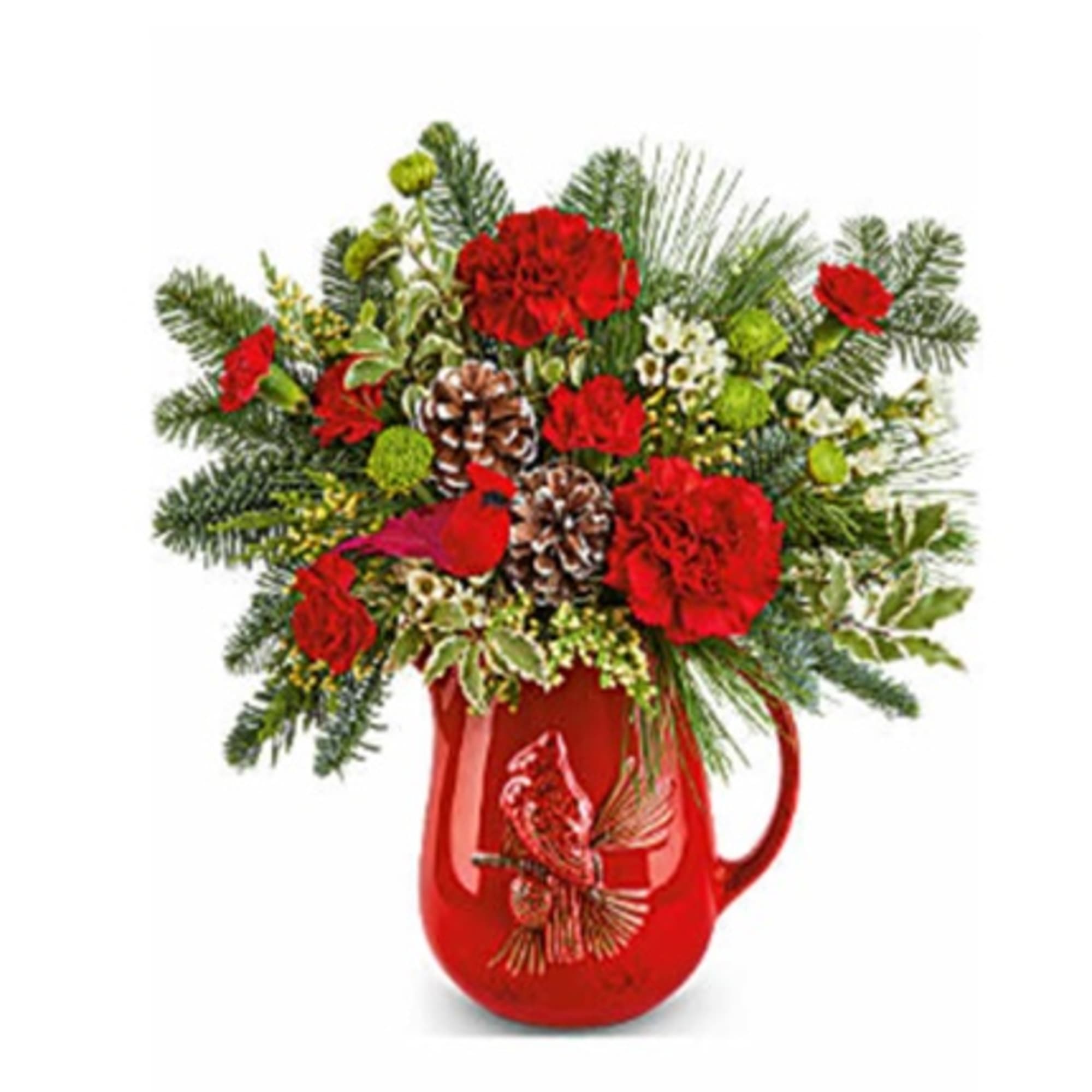Festive Flight Bouquet spreads holiday cheer with red blooms, winter greens, and