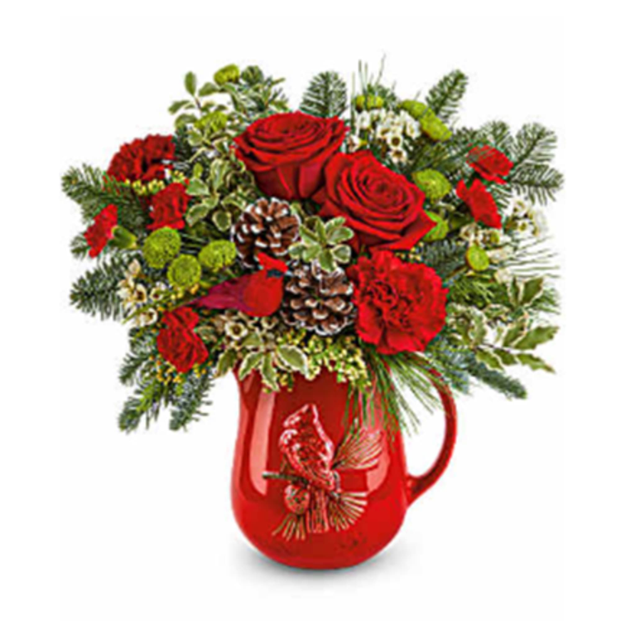 Festive Flight Bouquet spreads holiday cheer with red blooms, winter greens, and
