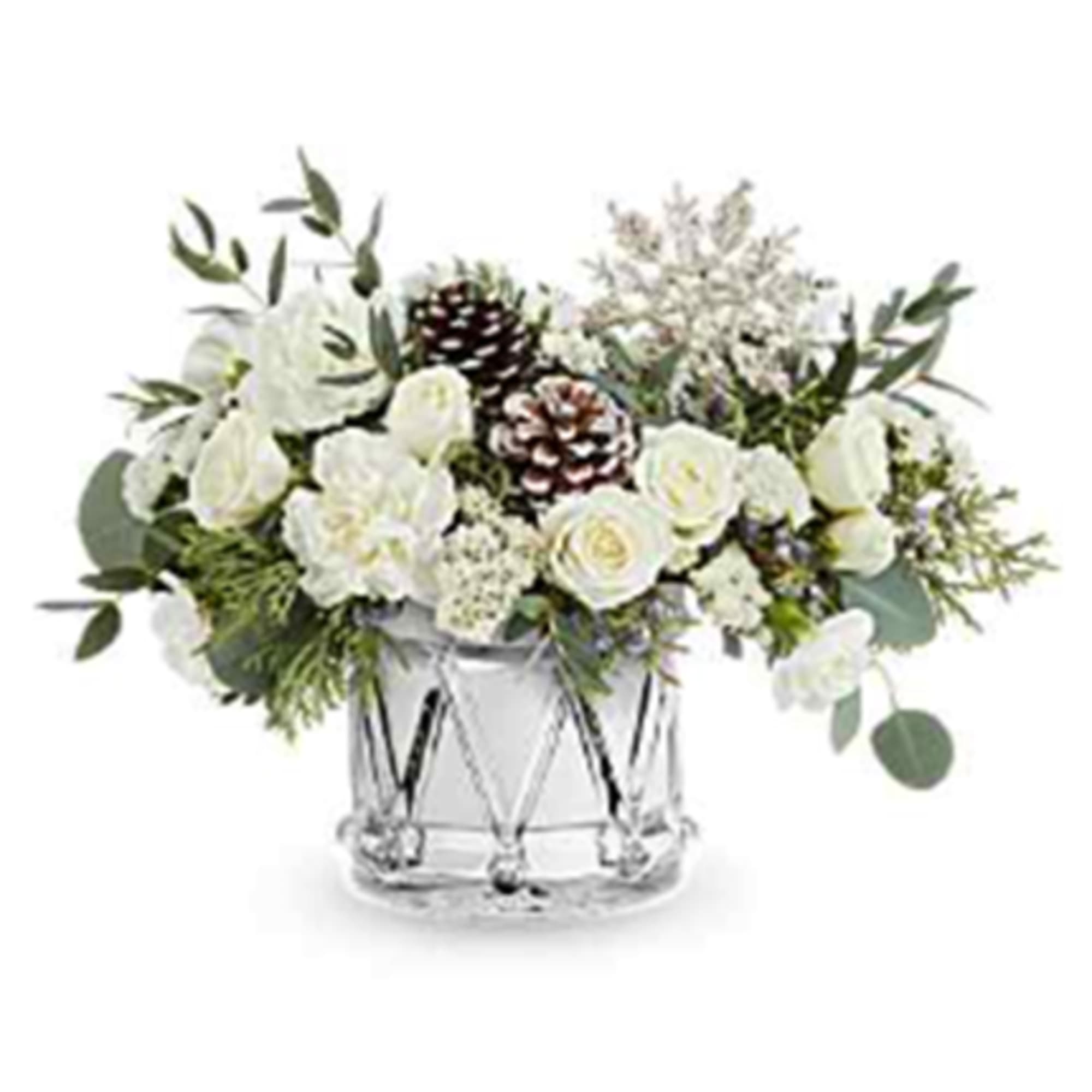 Sparkling Wishes Bouquet is a winter wonderland of white blooms, fresh greenery
