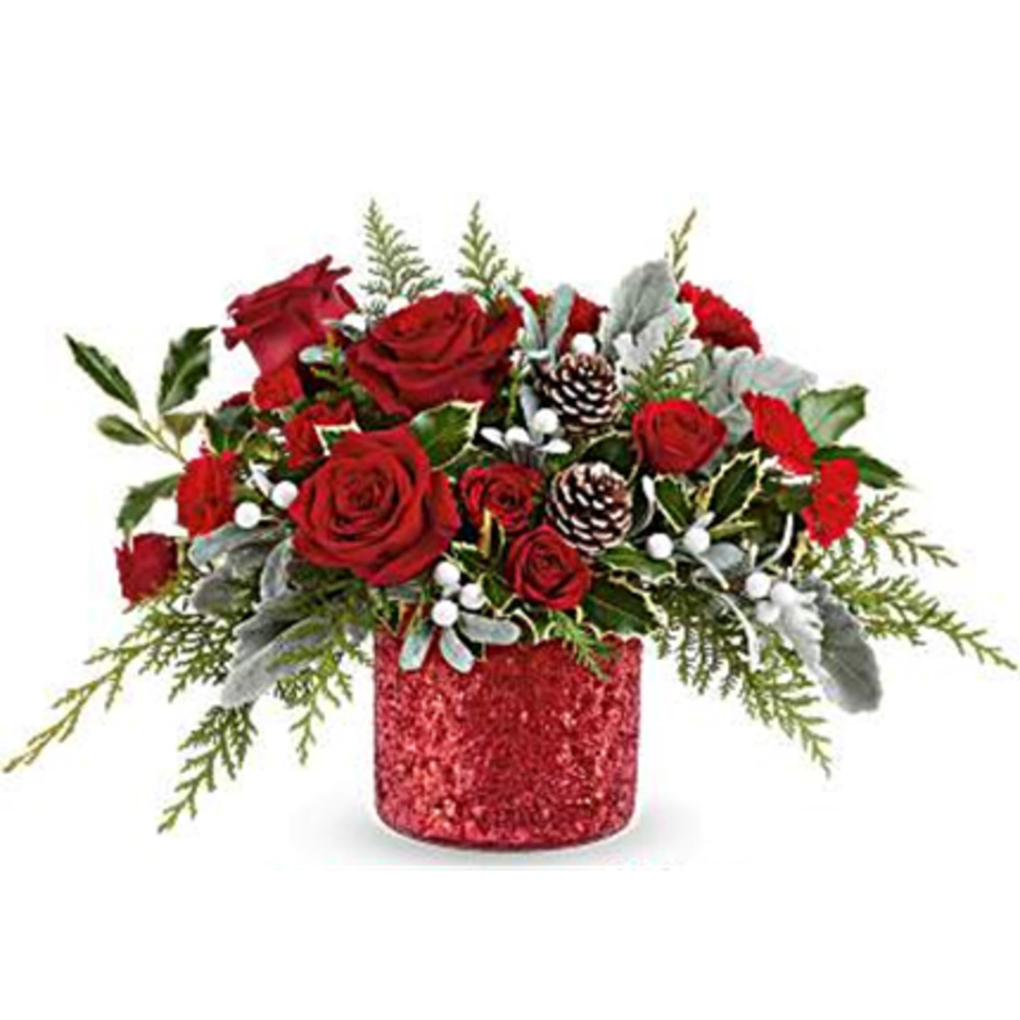 Magical Wish Bouquet brings holiday sparkle to life! Red blooms and festive