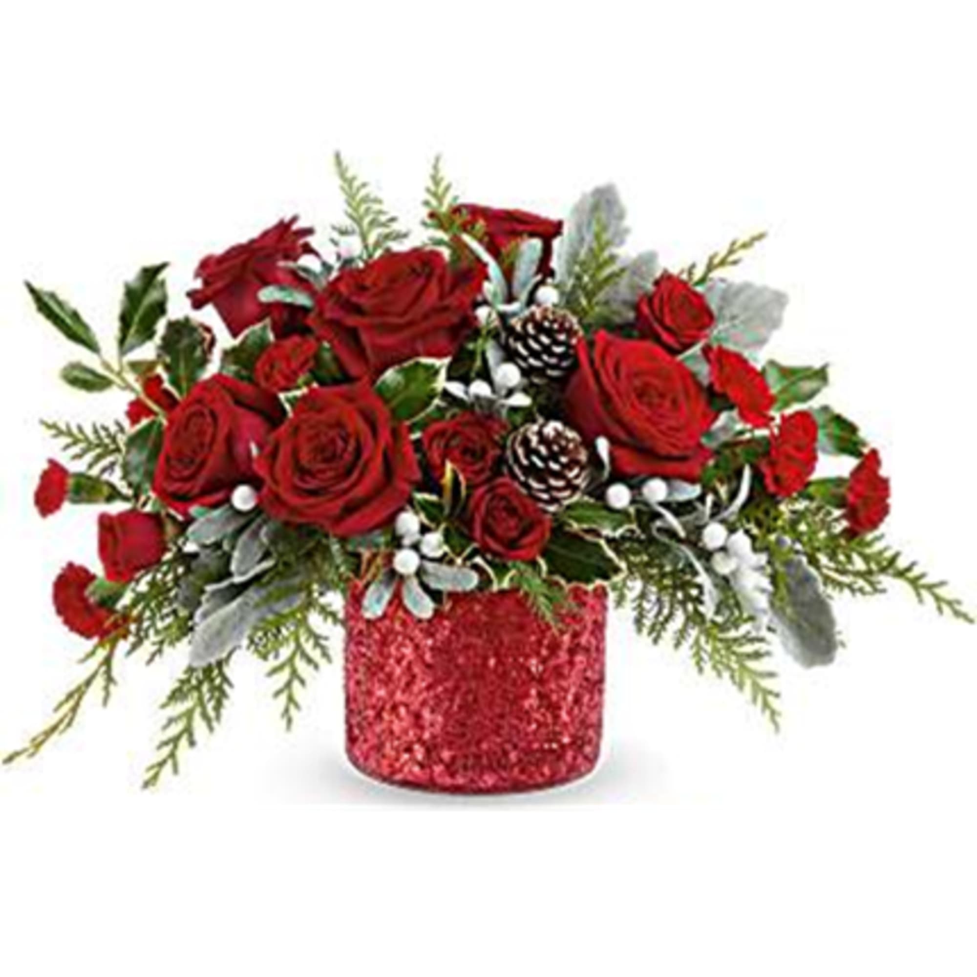 Magical Wish Bouquet brings holiday sparkle to life! Red blooms and festive