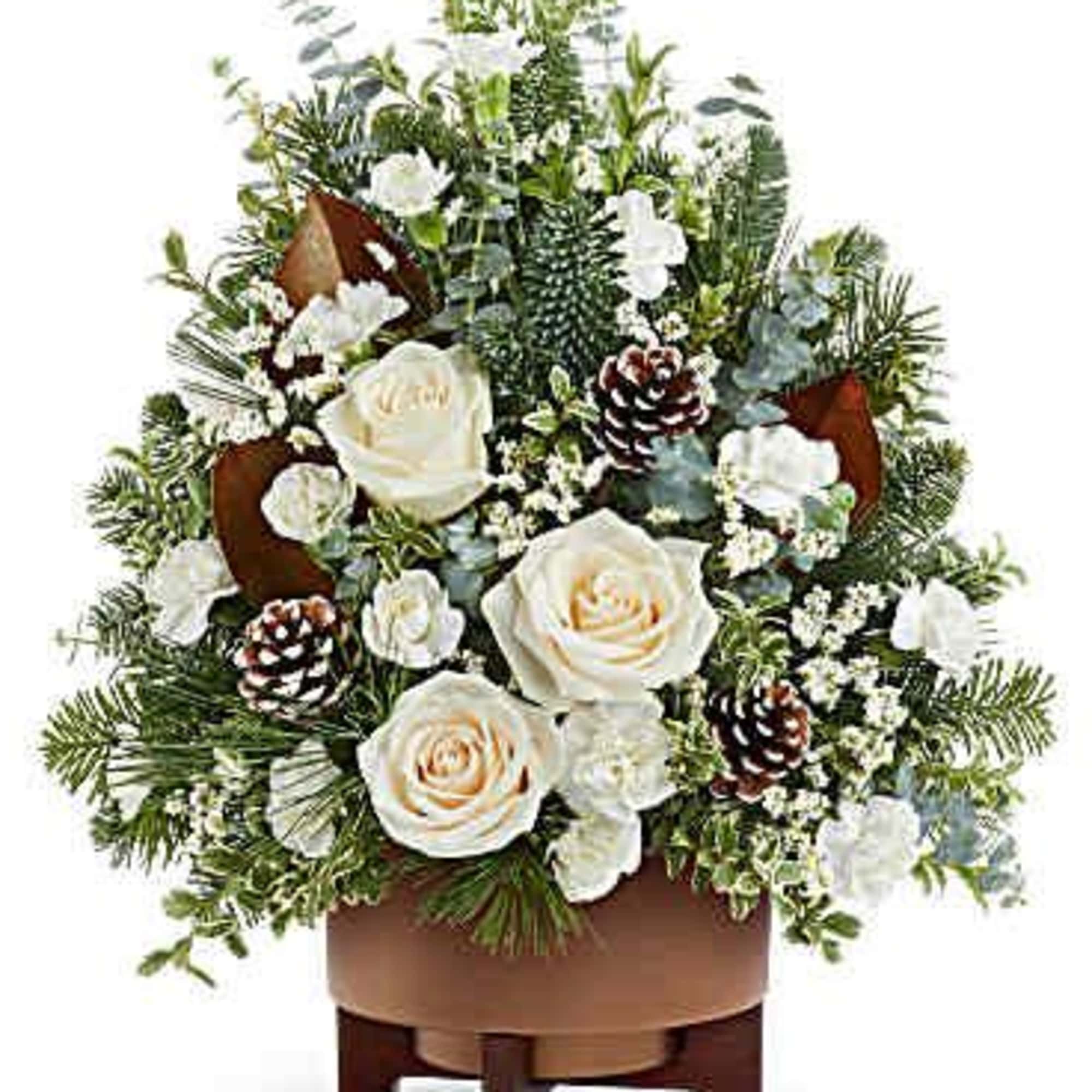 Teleflora&#039;s Alpine Snow Tree brings peaceful winter beauty with white roses, snowy