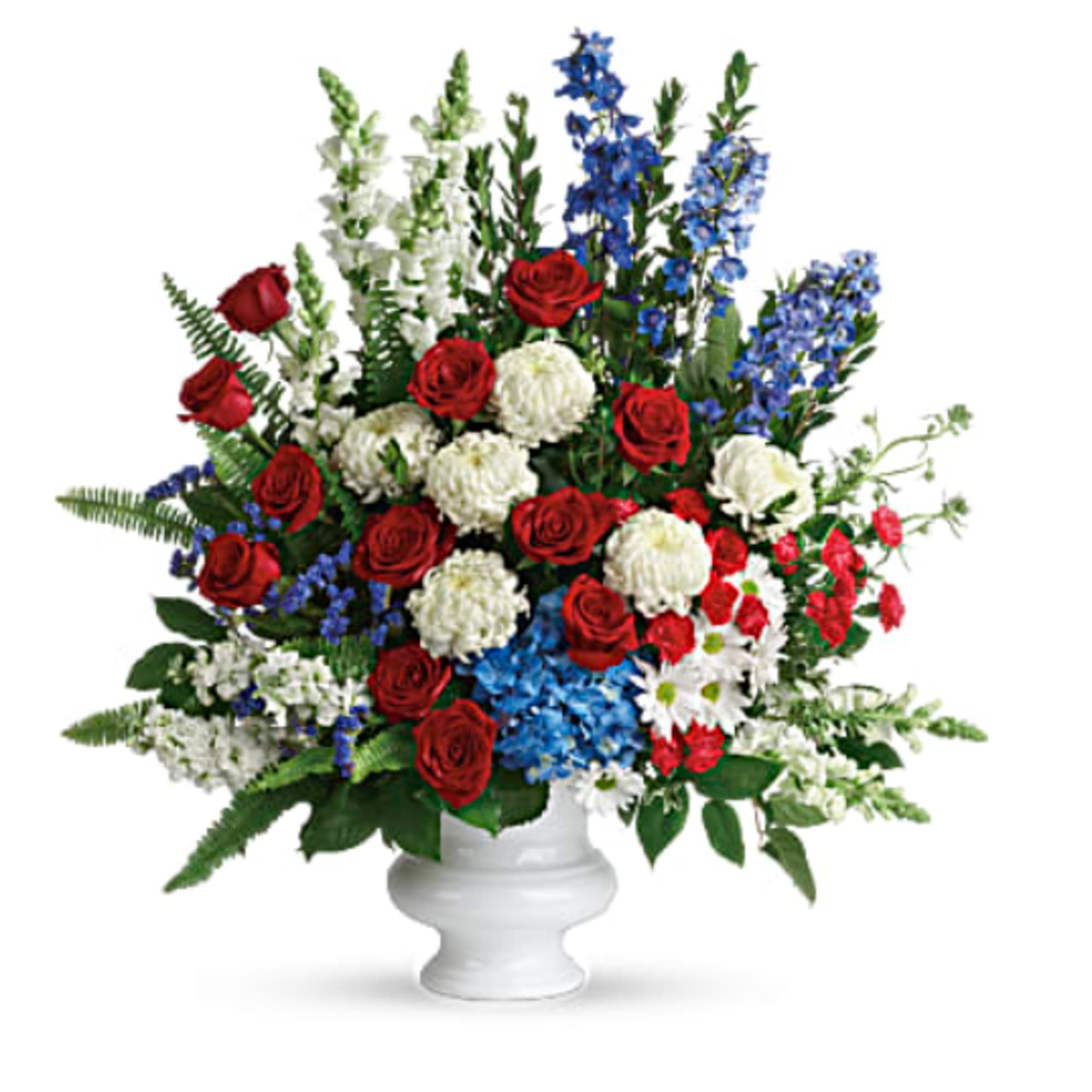 A dazzling display of patriotic red, white and blue flowers sends a