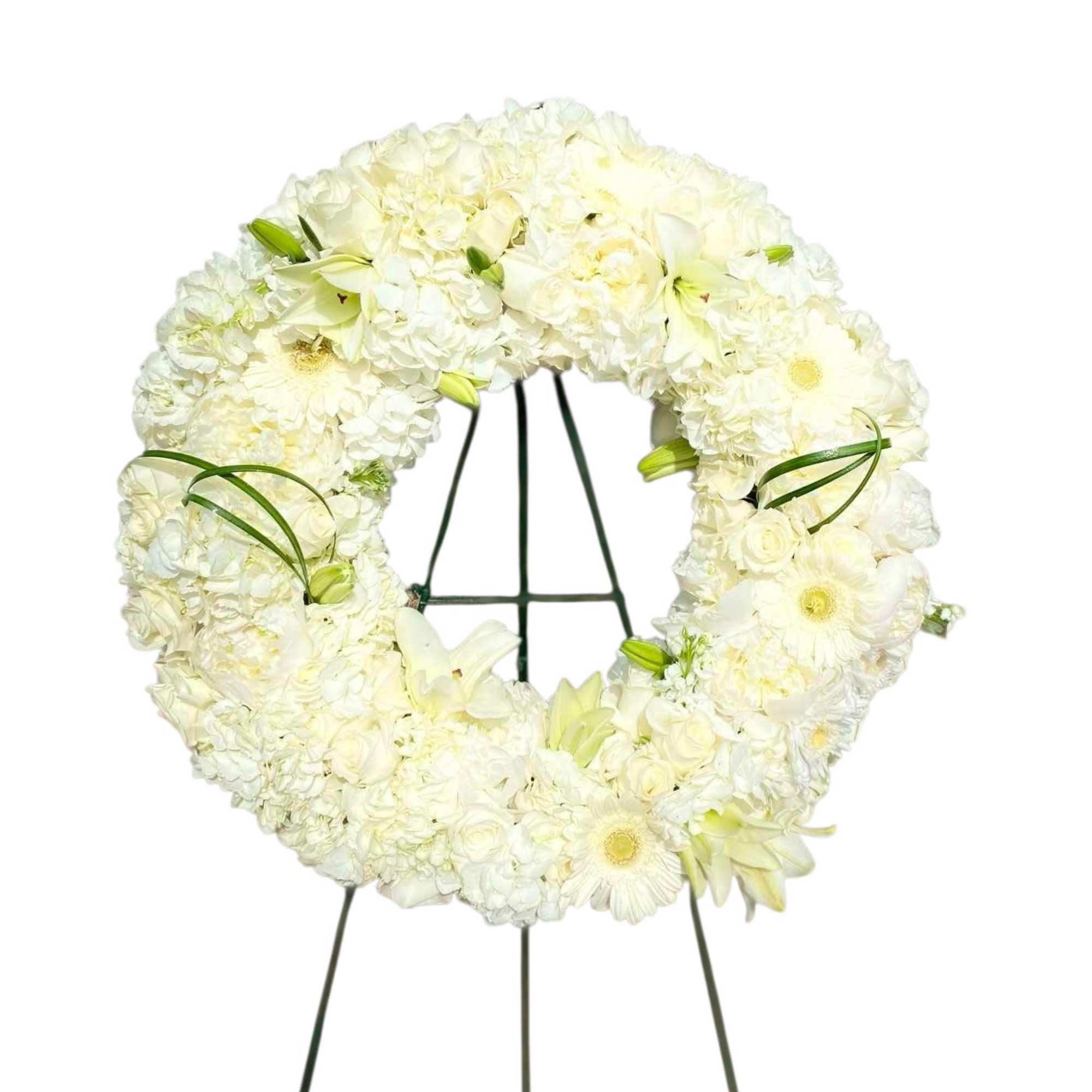 Funeral wreath with premium all white flowers 
21 inch