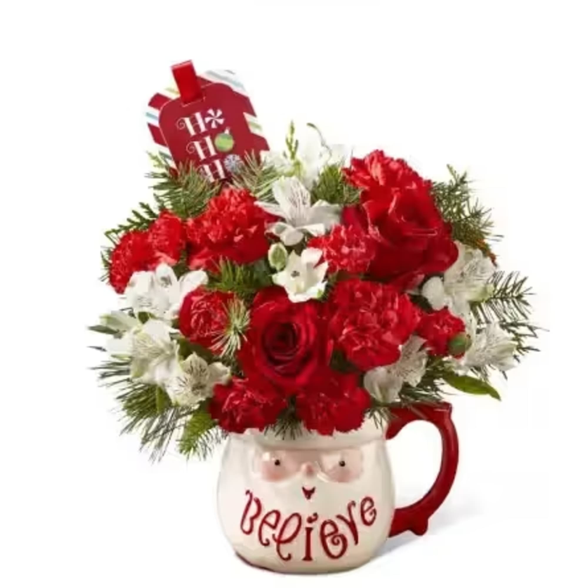 Sweet and stylish, this holiday flower arrangement exudes the fresh and fun