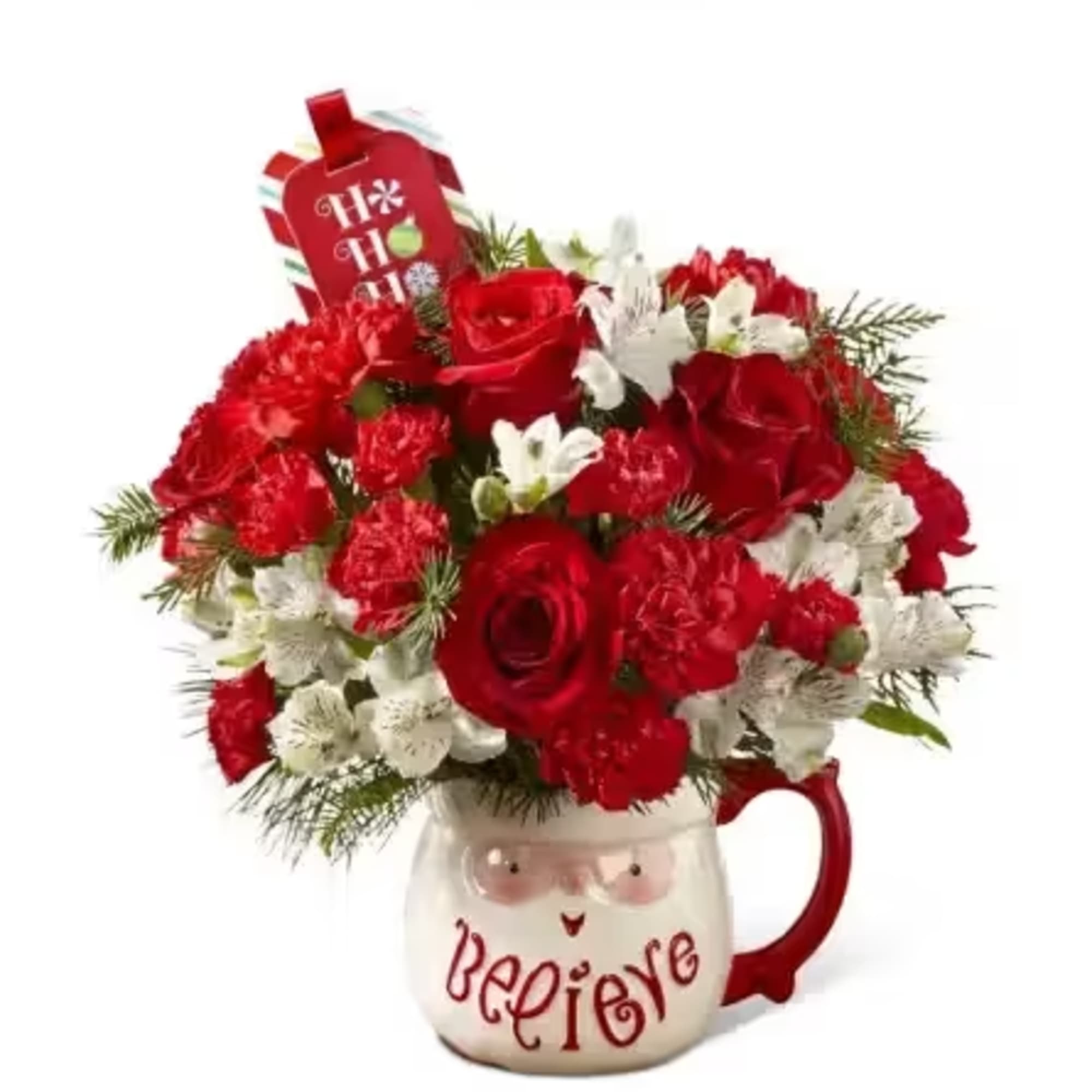 Sweet and stylish, this holiday flower arrangement exudes the fresh and fun