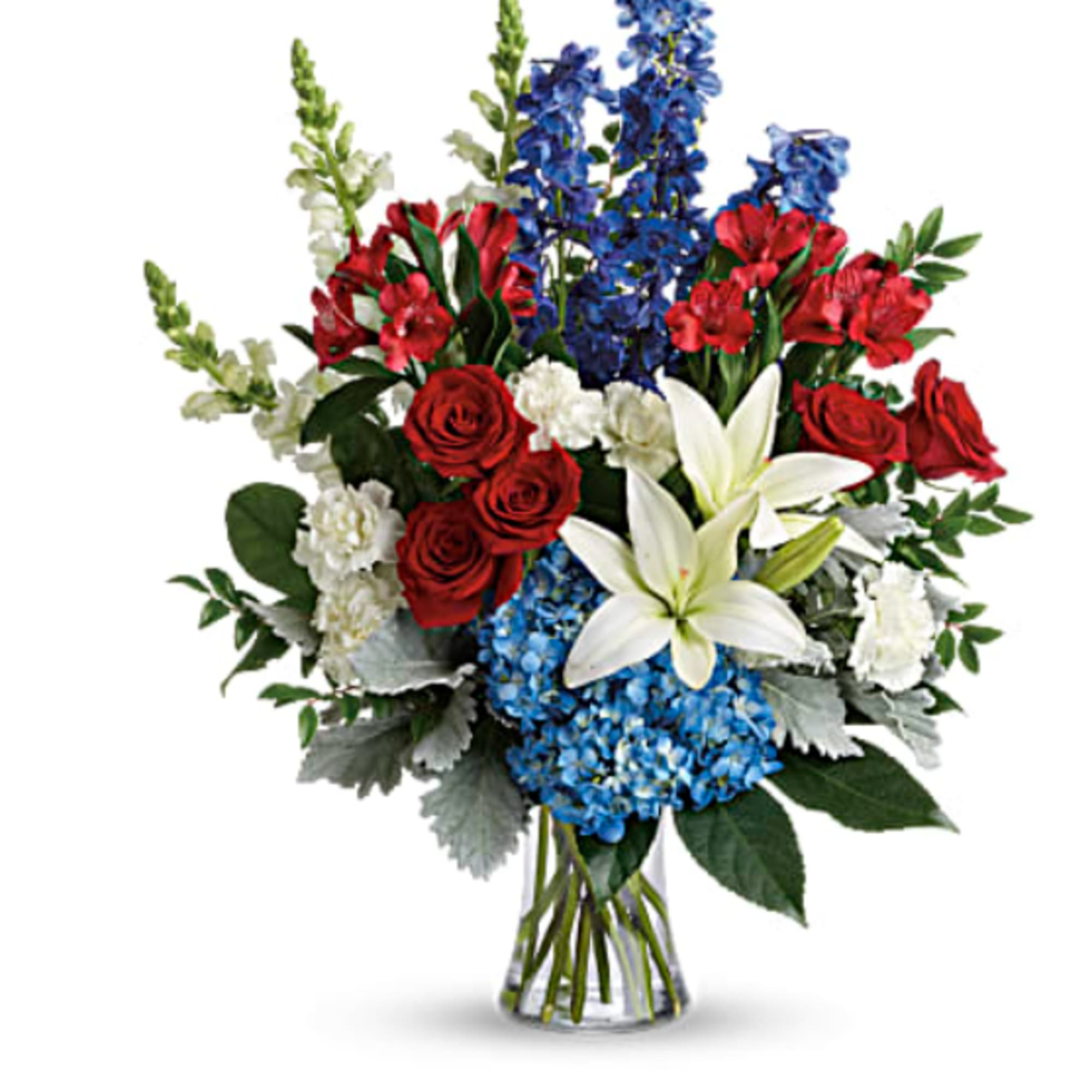Perfectly patriotic with its red, white and blue blooms, this bold bouquet