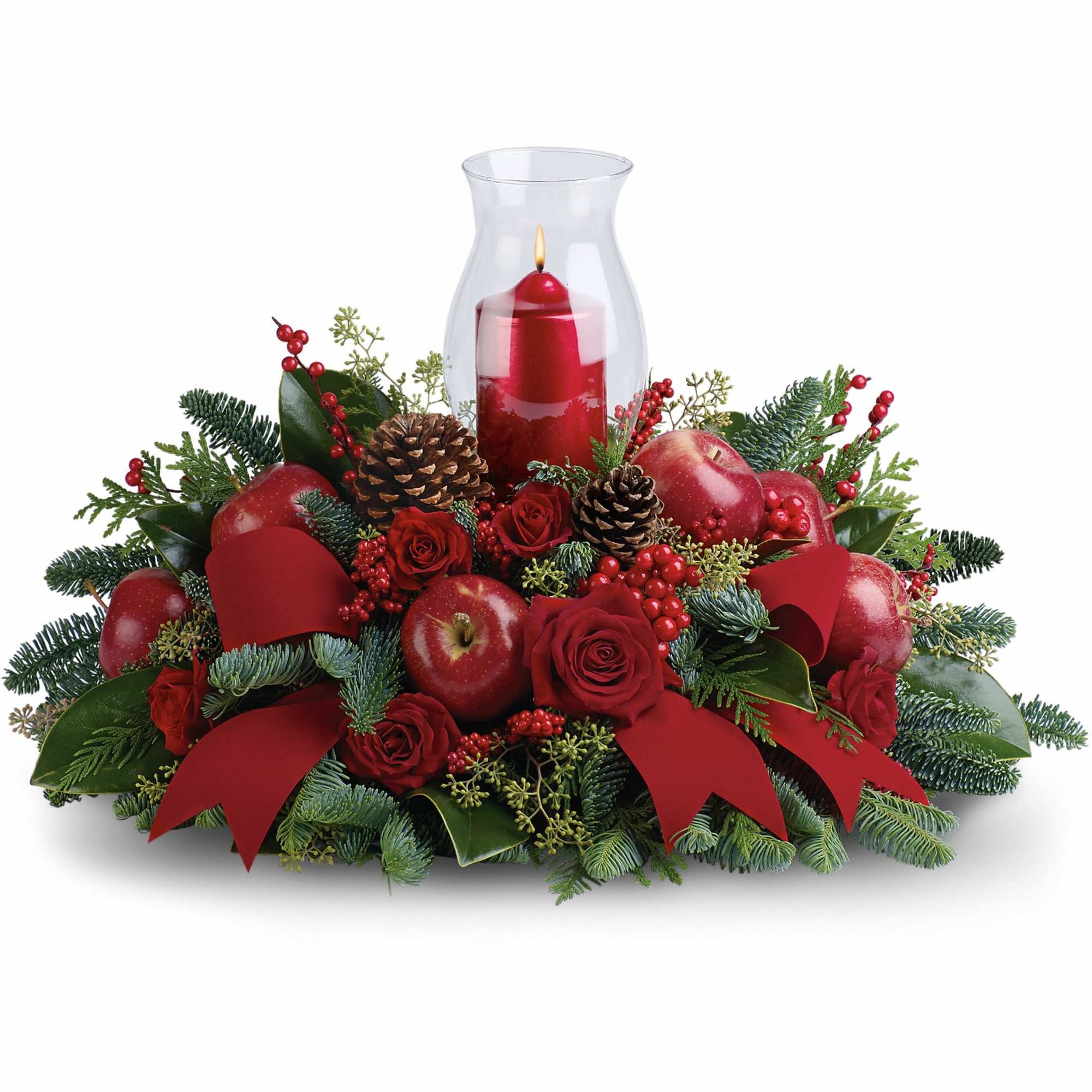 Shiny red apples and all kinds of holiday flowers and features make