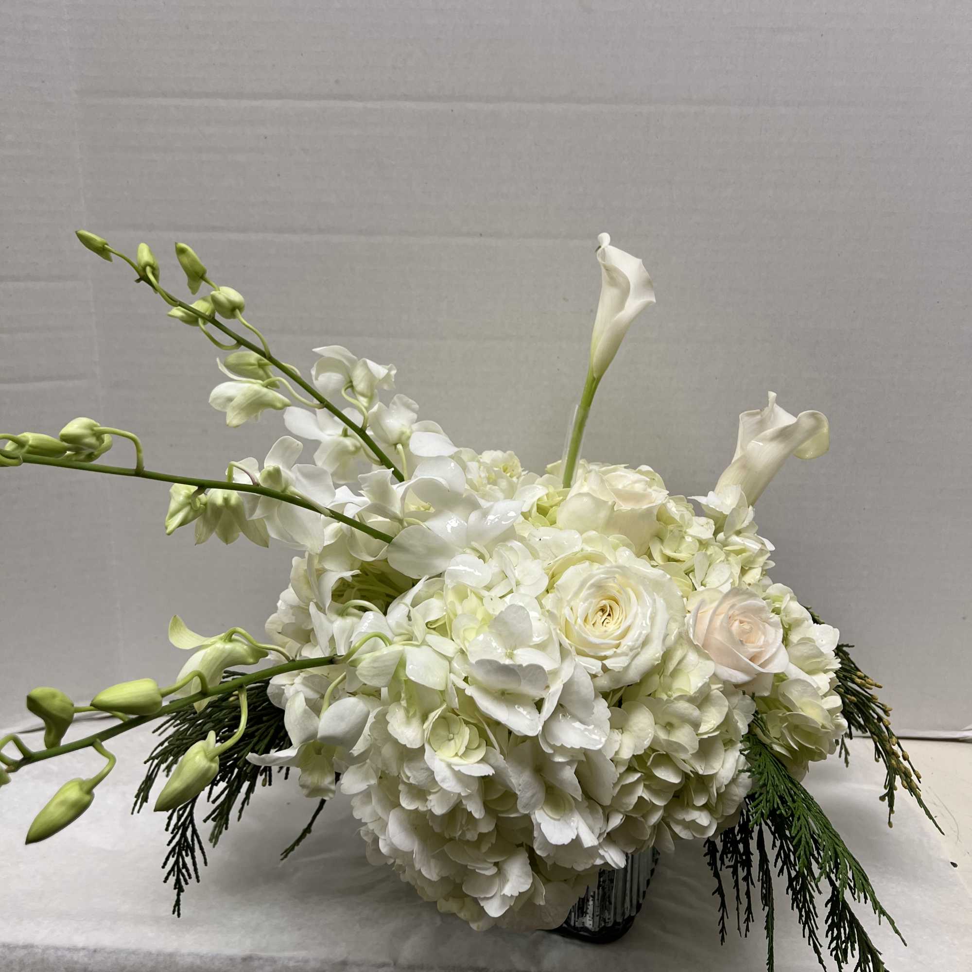 Elegant all white arrangement in a silver cube of white hydrangea, white