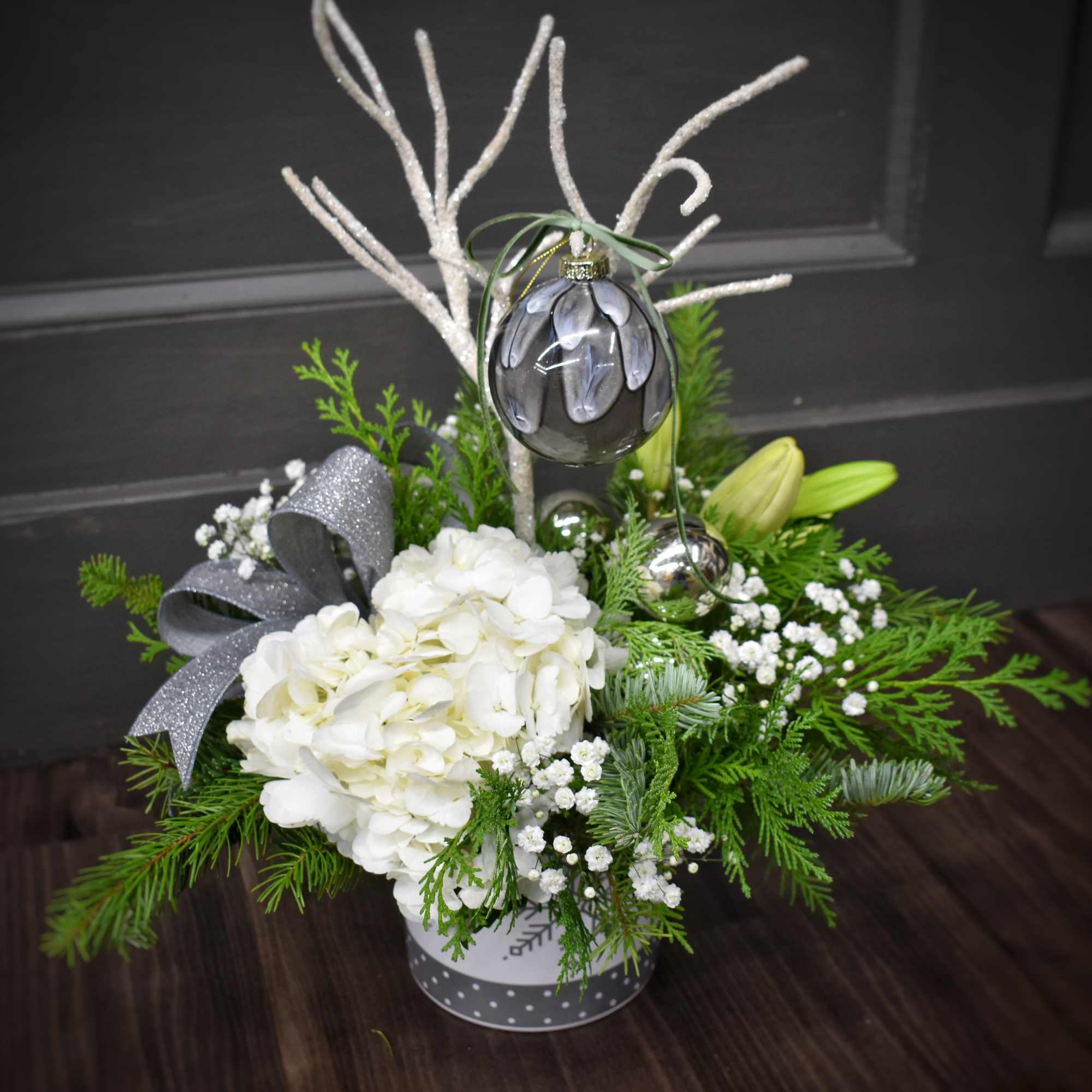 A snowy wonder, but without the snow! A large white hydrangea and