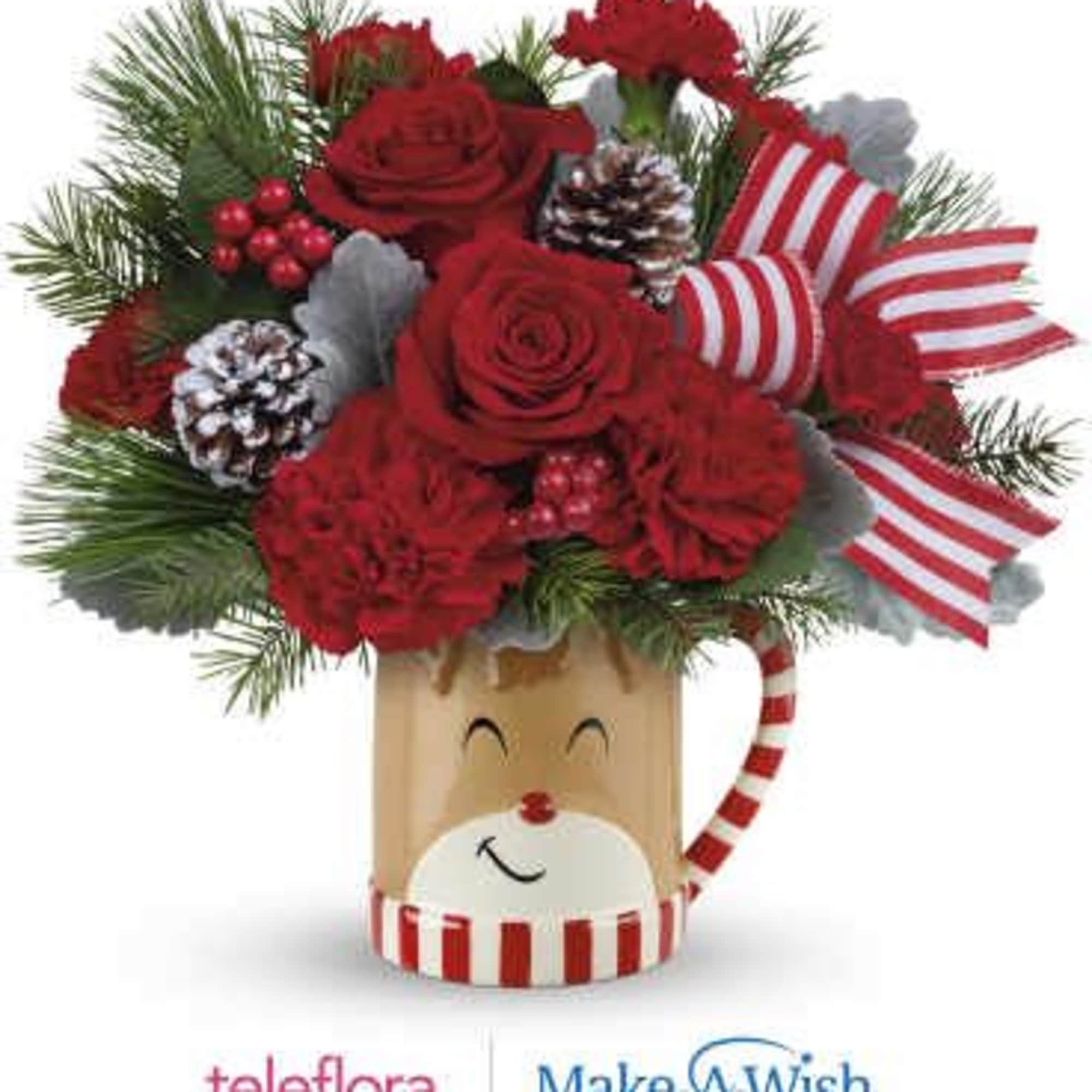 This delightful bouquet showcases red roses, red carnations, miniature red carnations, dusty