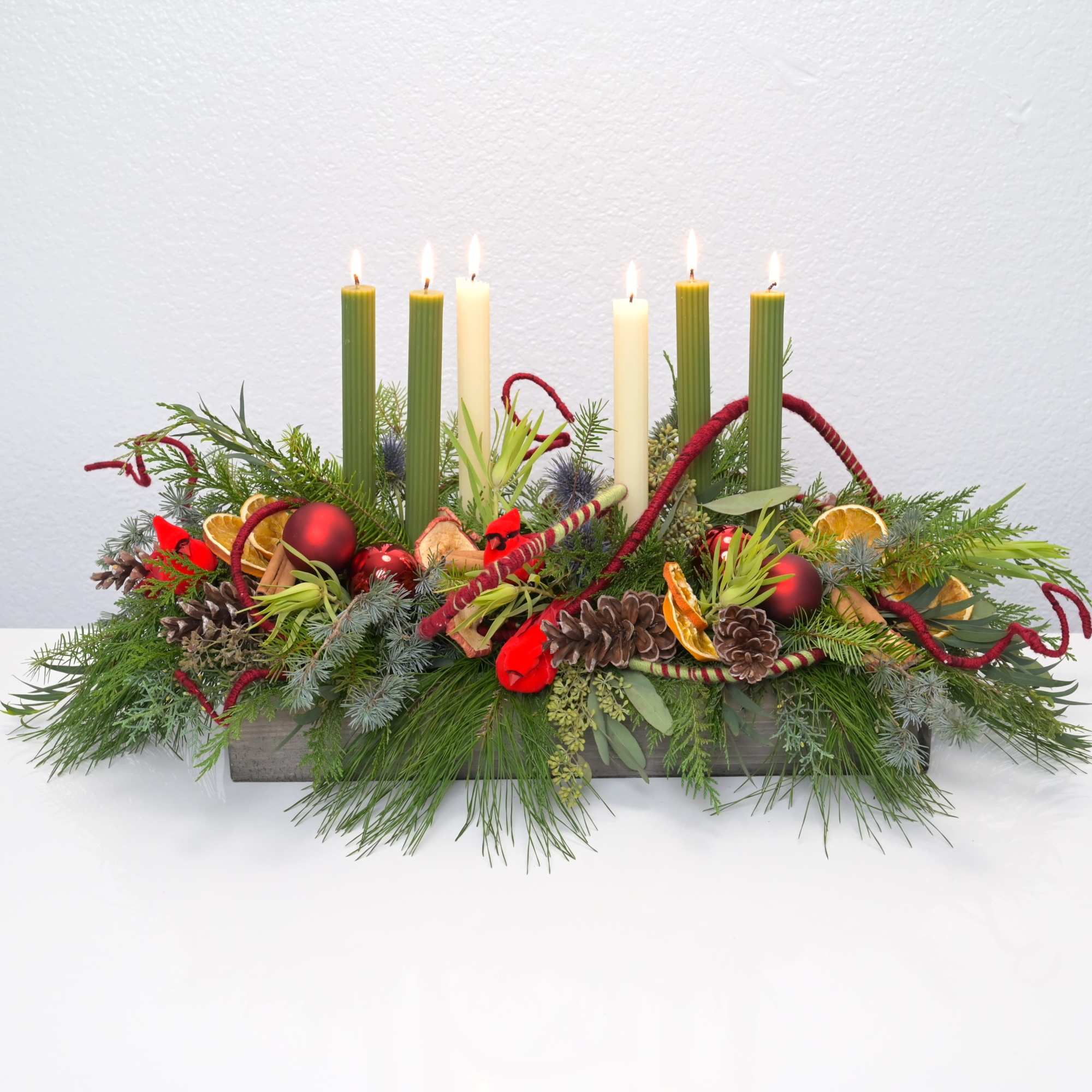 Christmas arrngement. Wood planter dimension 19"x6.5" 