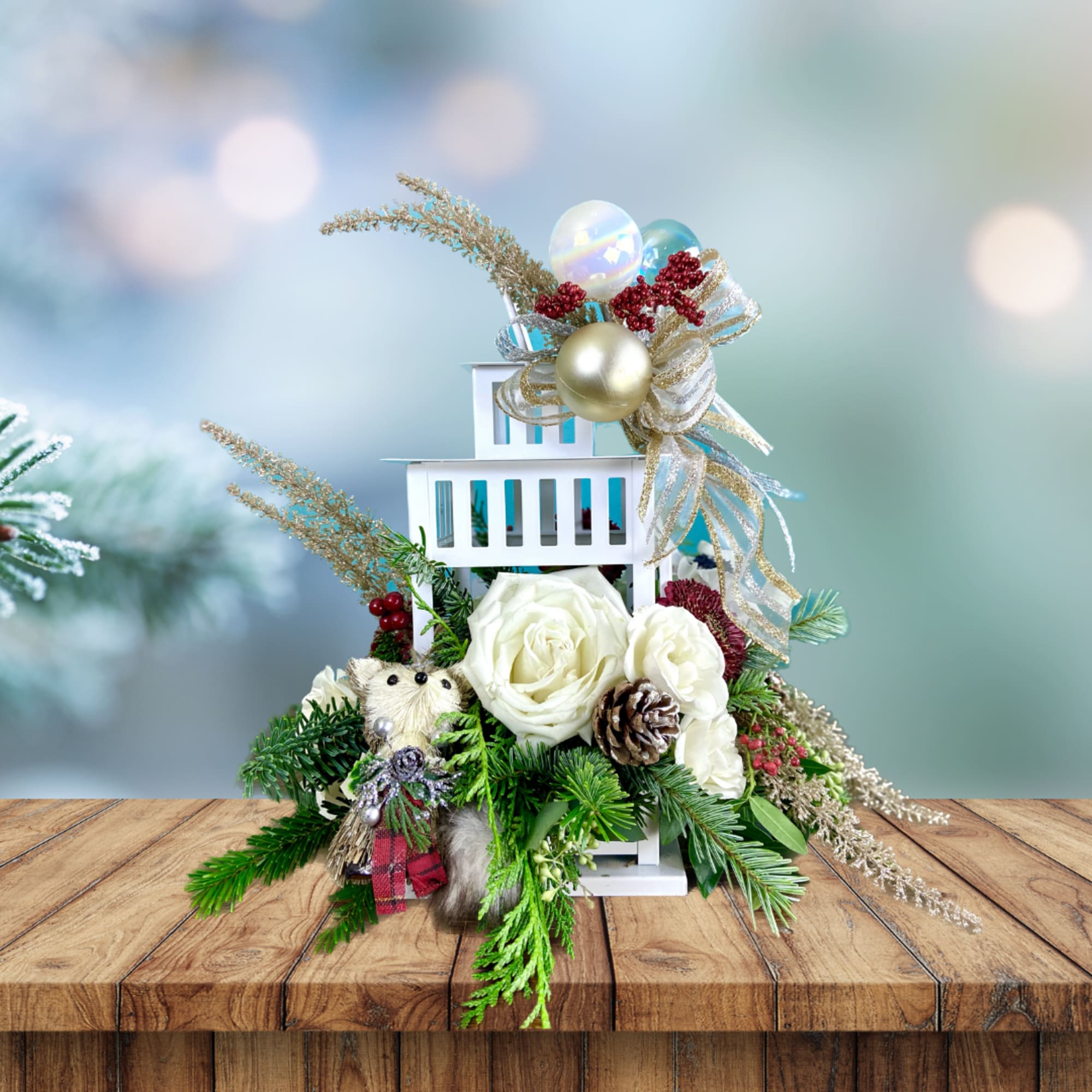 Evergreens, berries, flowers, ornaments, and sparkly cheer spill out of an 11