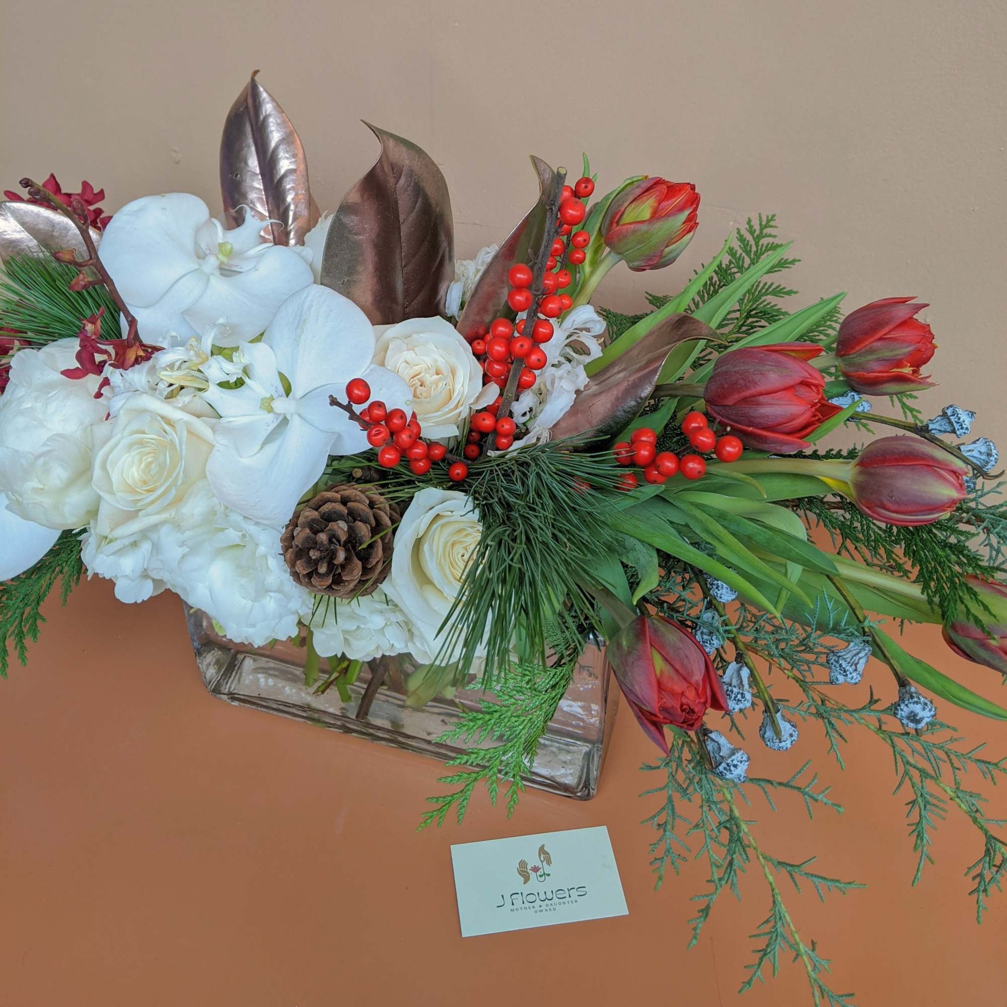 An arrangement that combines the warmth and the chill of winter comes