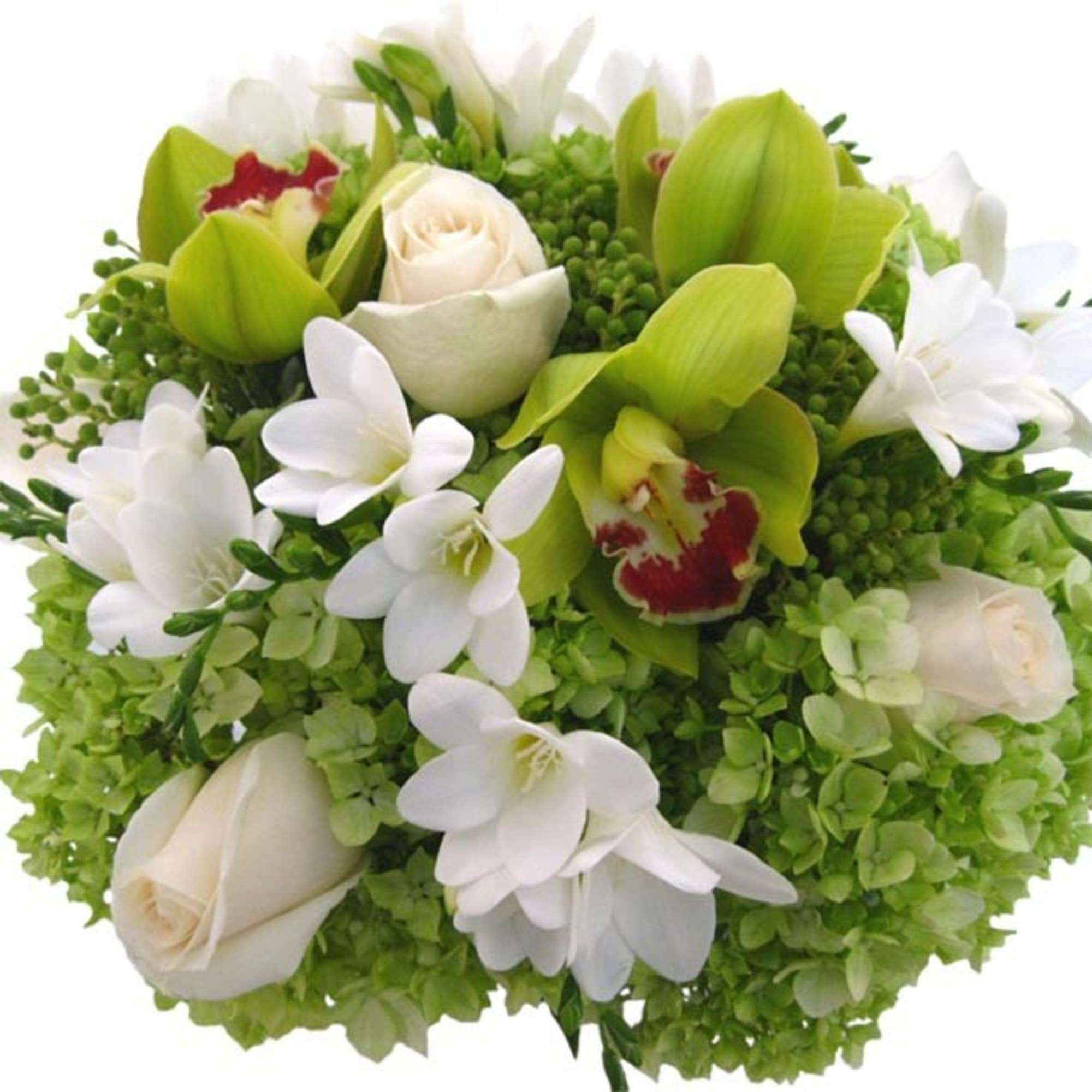 Simple, elegant and classic. Premium floral arrangement of Hydrangeas, Cymbidium Orchids, Roses