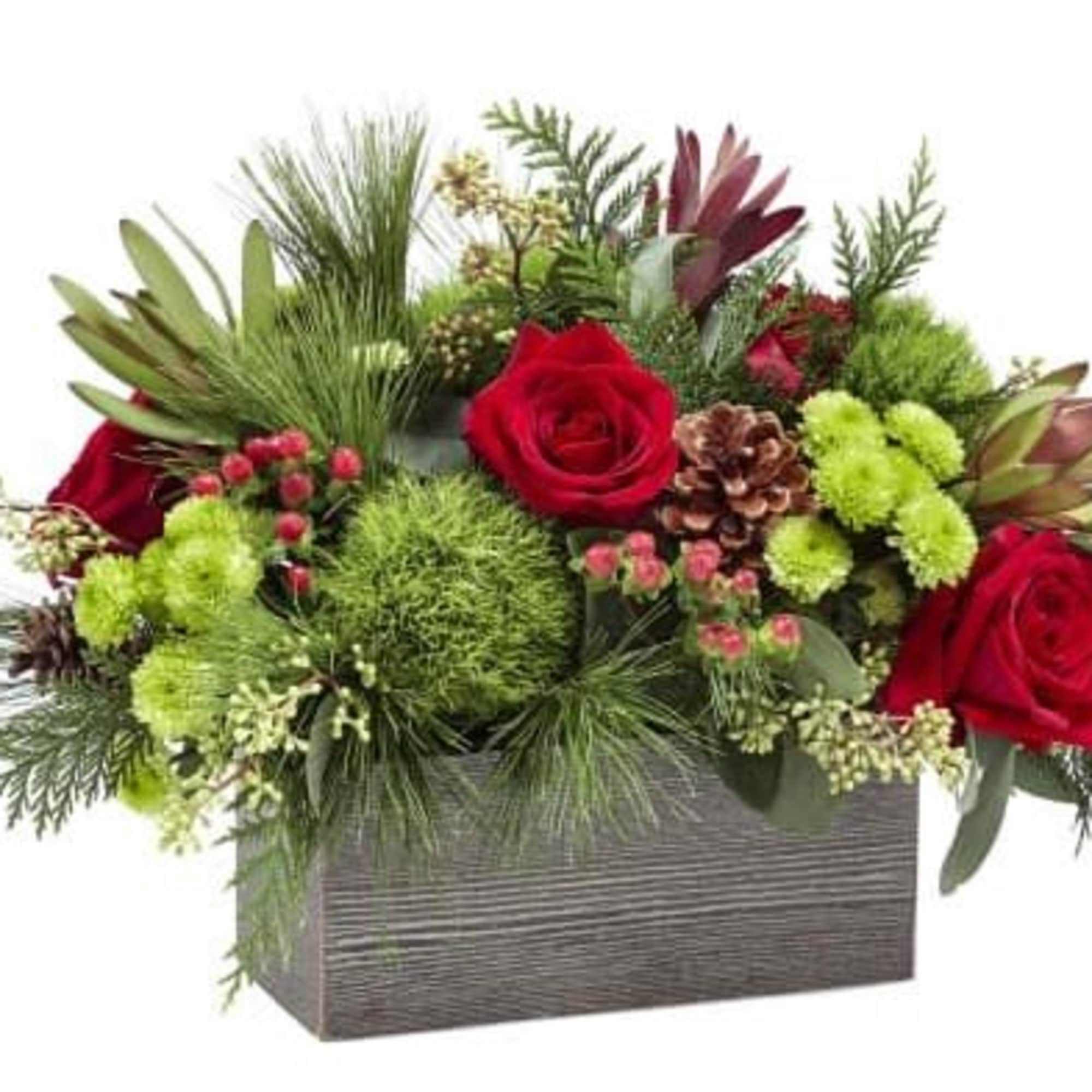 This is a stunning centerpiece featuring vibrant red and lime green colors.