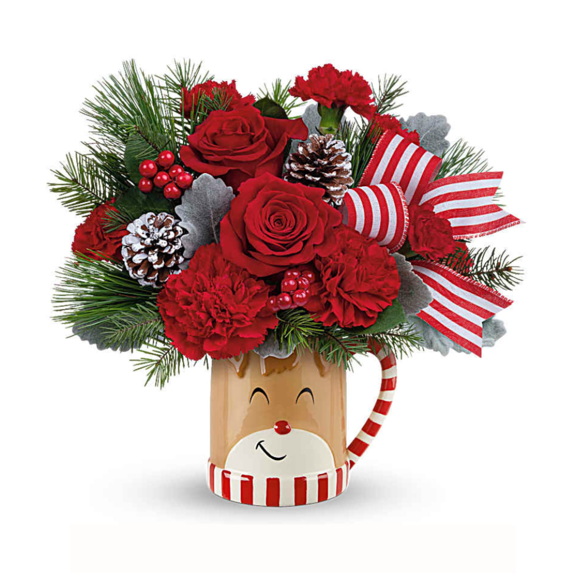 Overflowing with festive blooms, this adorable reindeer delivers your holiday wishes! The