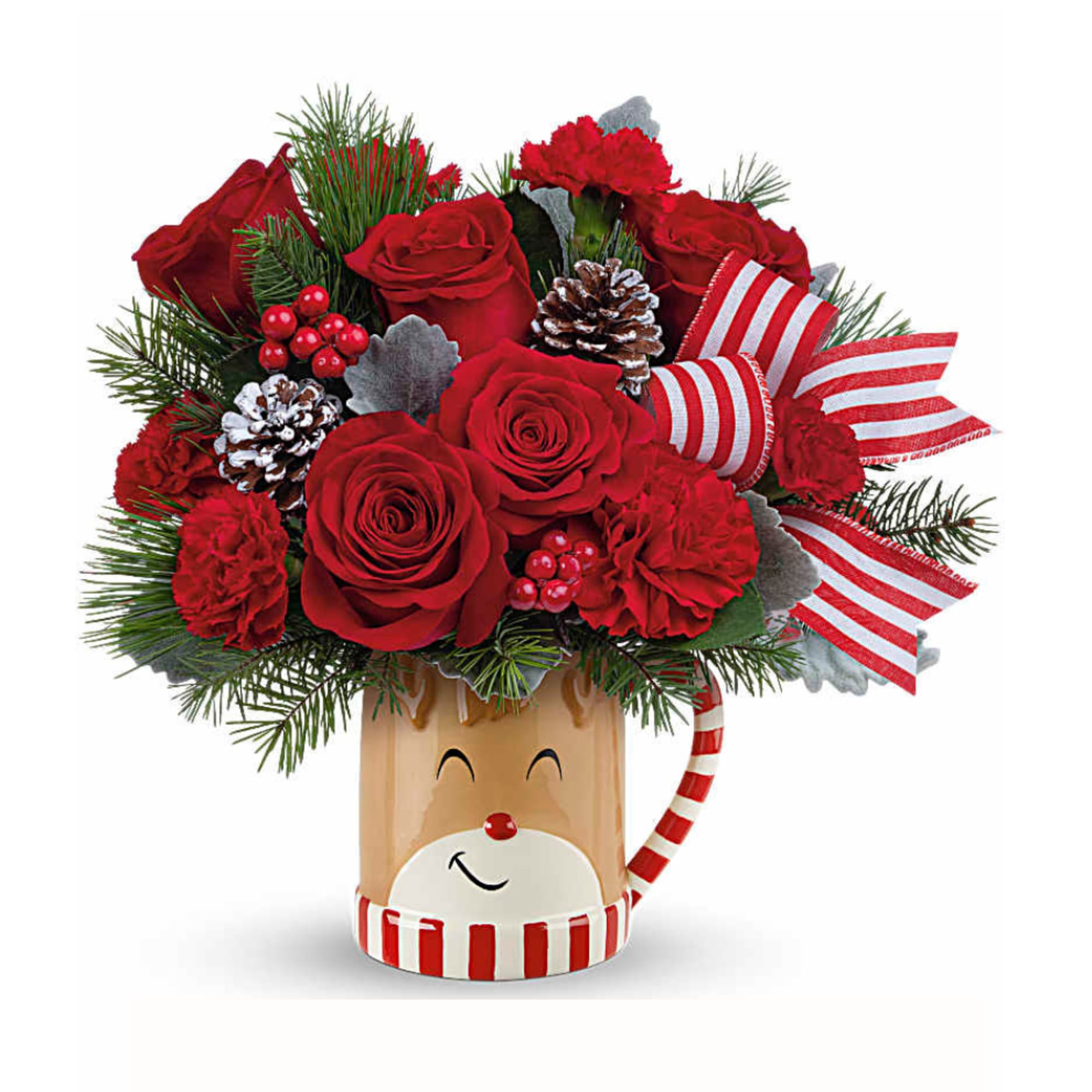 Overflowing with festive blooms, this adorable reindeer delivers your holiday wishes! The